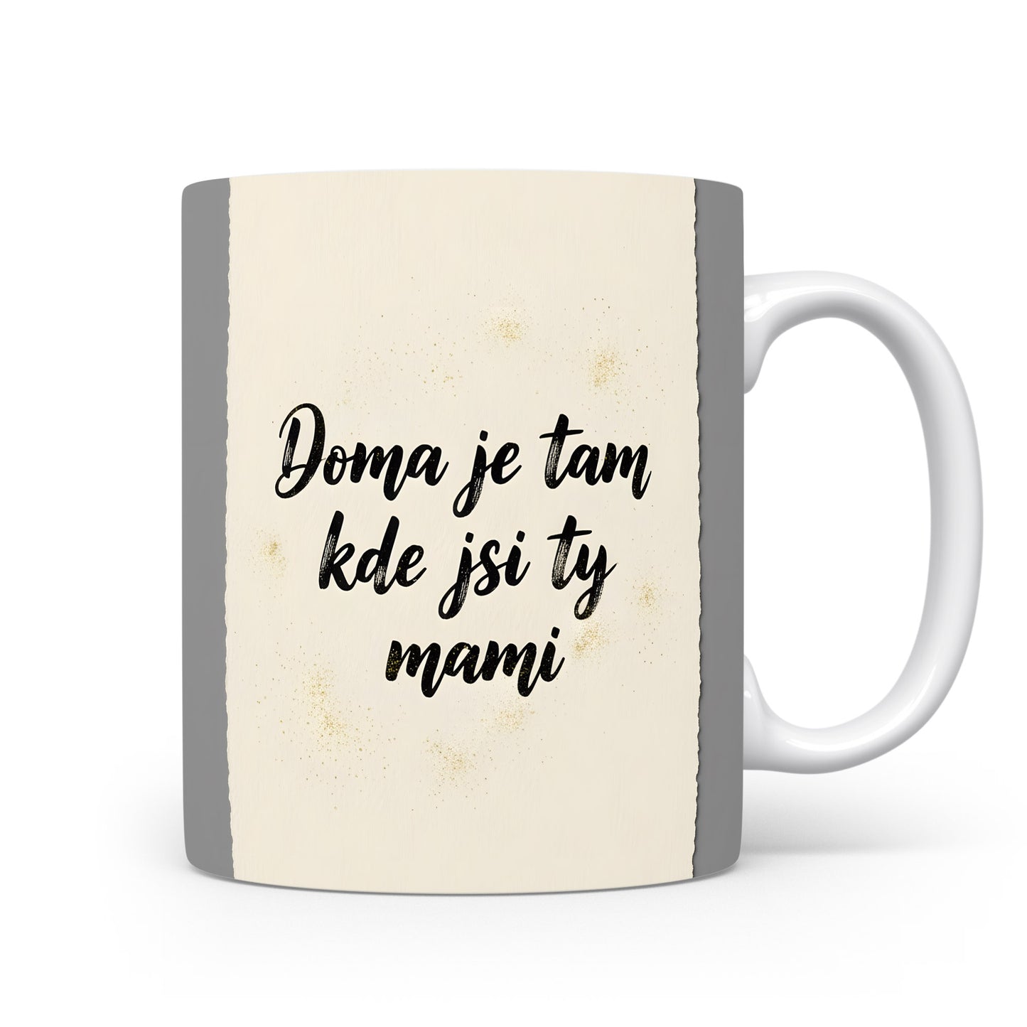 Hrnek Doma je tam kde jsi ty mami – jemné zlaté tečky na pastelovém pozadí – varianta 11