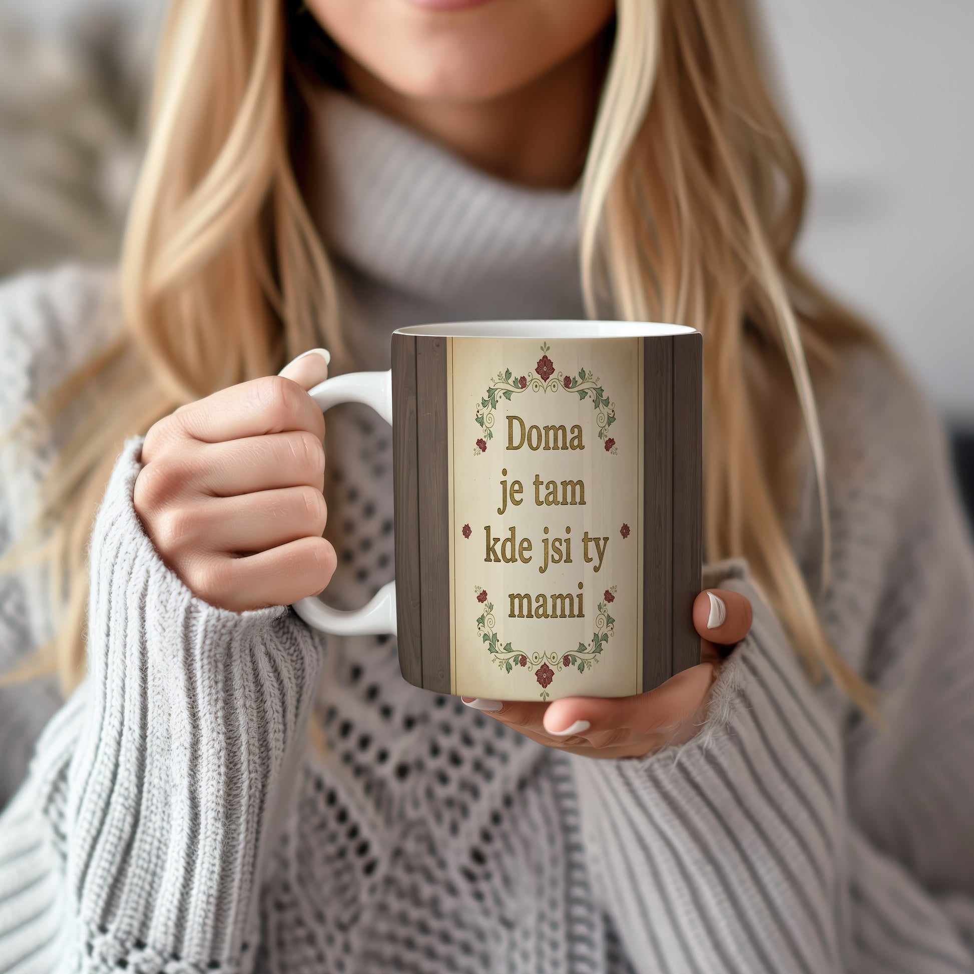Hrnek Doma je tam kde jsi ty mami – vintage květinové ornamenty na dřevěném pozadí – varianta 22