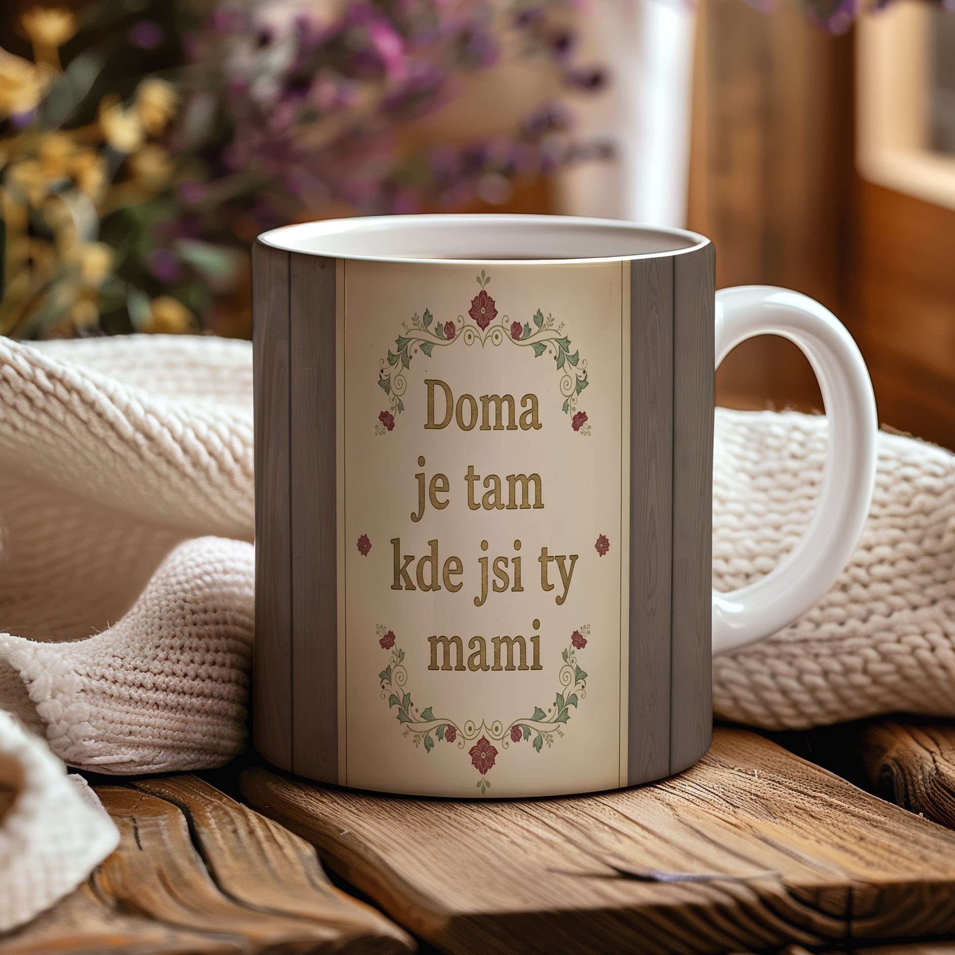 Hrnek Doma je tam kde jsi ty mami – vintage květinové ornamenty na dřevěném pozadí – varianta 44