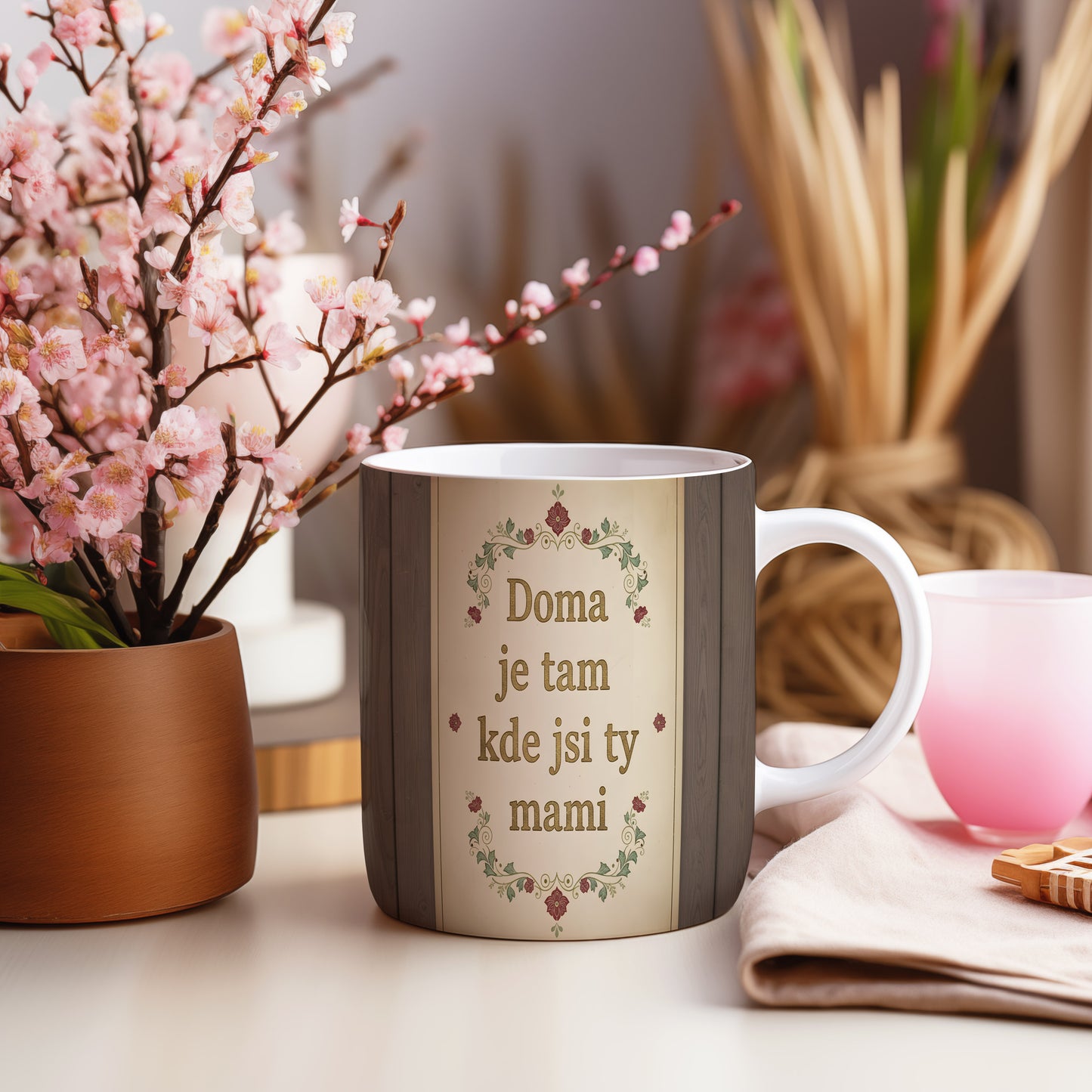 Hrnek Doma je tam kde jsi ty mami – vintage květinové ornamenty na dřevěném pozadí – varianta 55