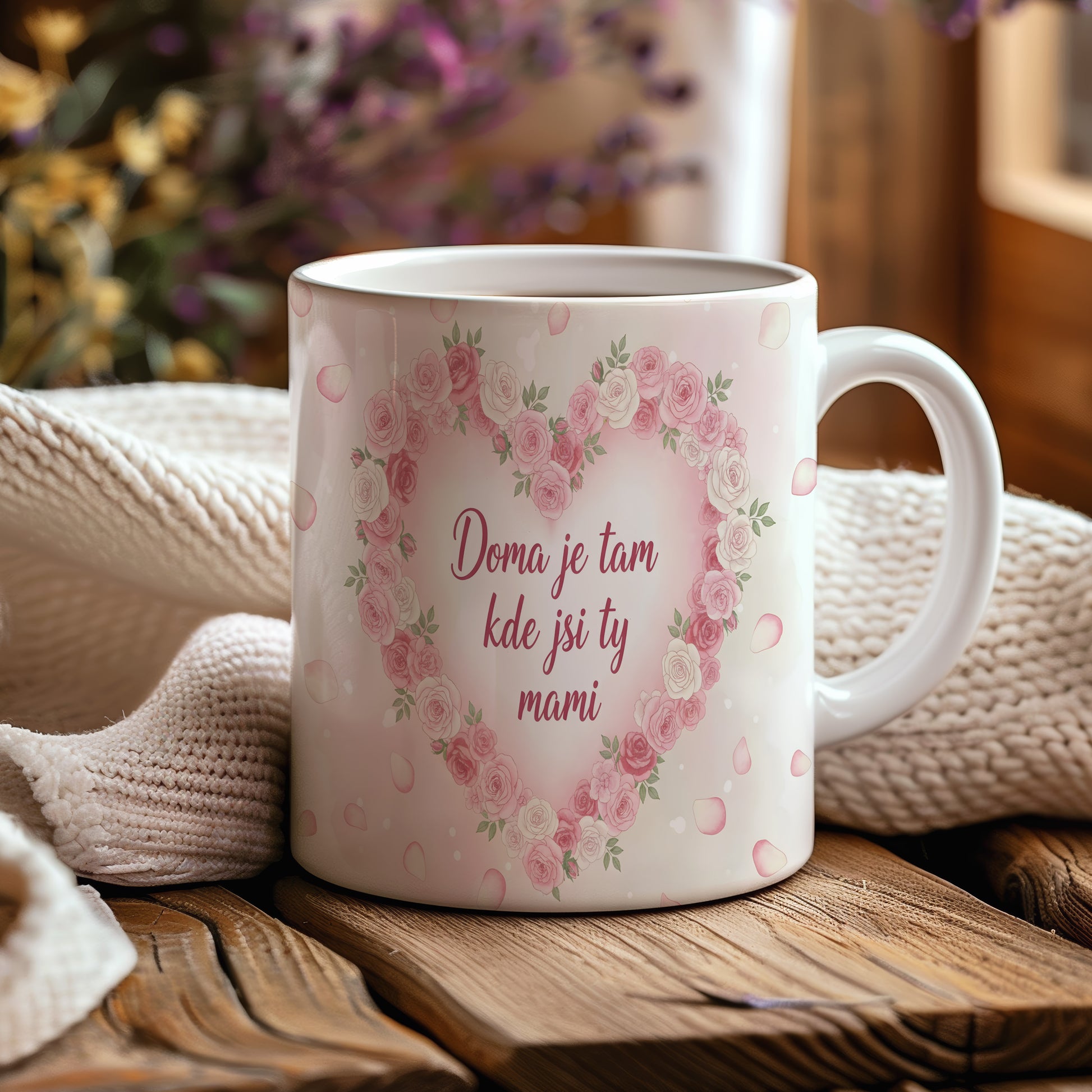 Hrnek Doma je tam kde jsi ty mami – růžové růže na pastelovém pozadí – varianta 44