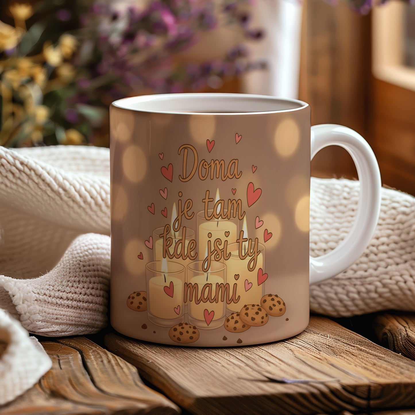 Hrnek Doma je tam kde jsi ty mami – svíčky a srdíčka v teplém bokeh světle – varianta 44