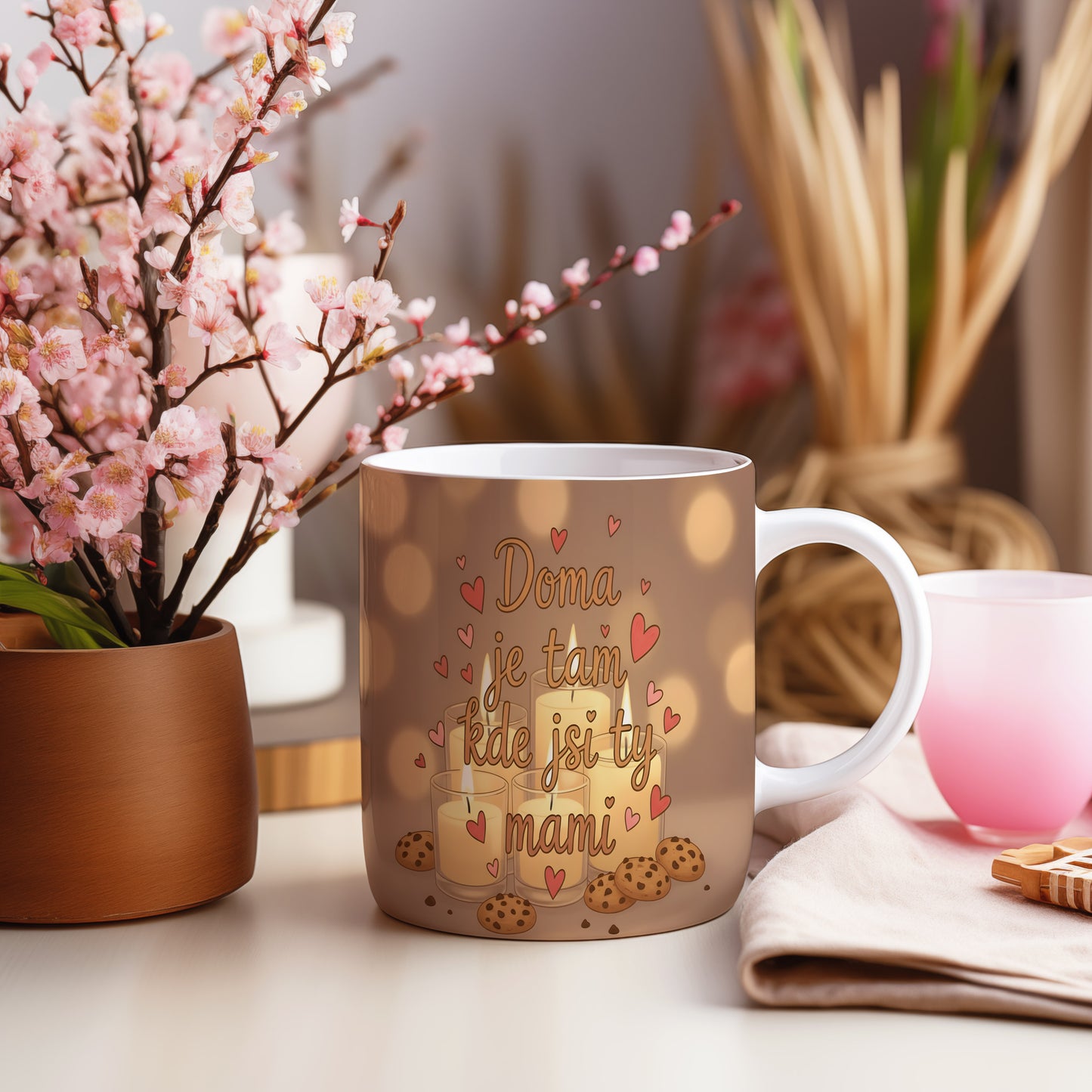 Hrnek Doma je tam kde jsi ty mami – svíčky a srdíčka v teplém bokeh světle – varianta 55