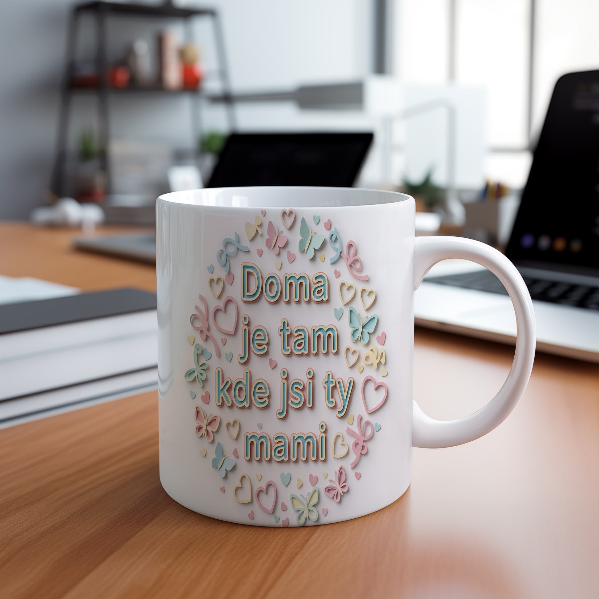 Hrnek Doma je tam kde jsi ty mami – pasteloví motýlci a srdíčka na bílém pozadí – varianta 88