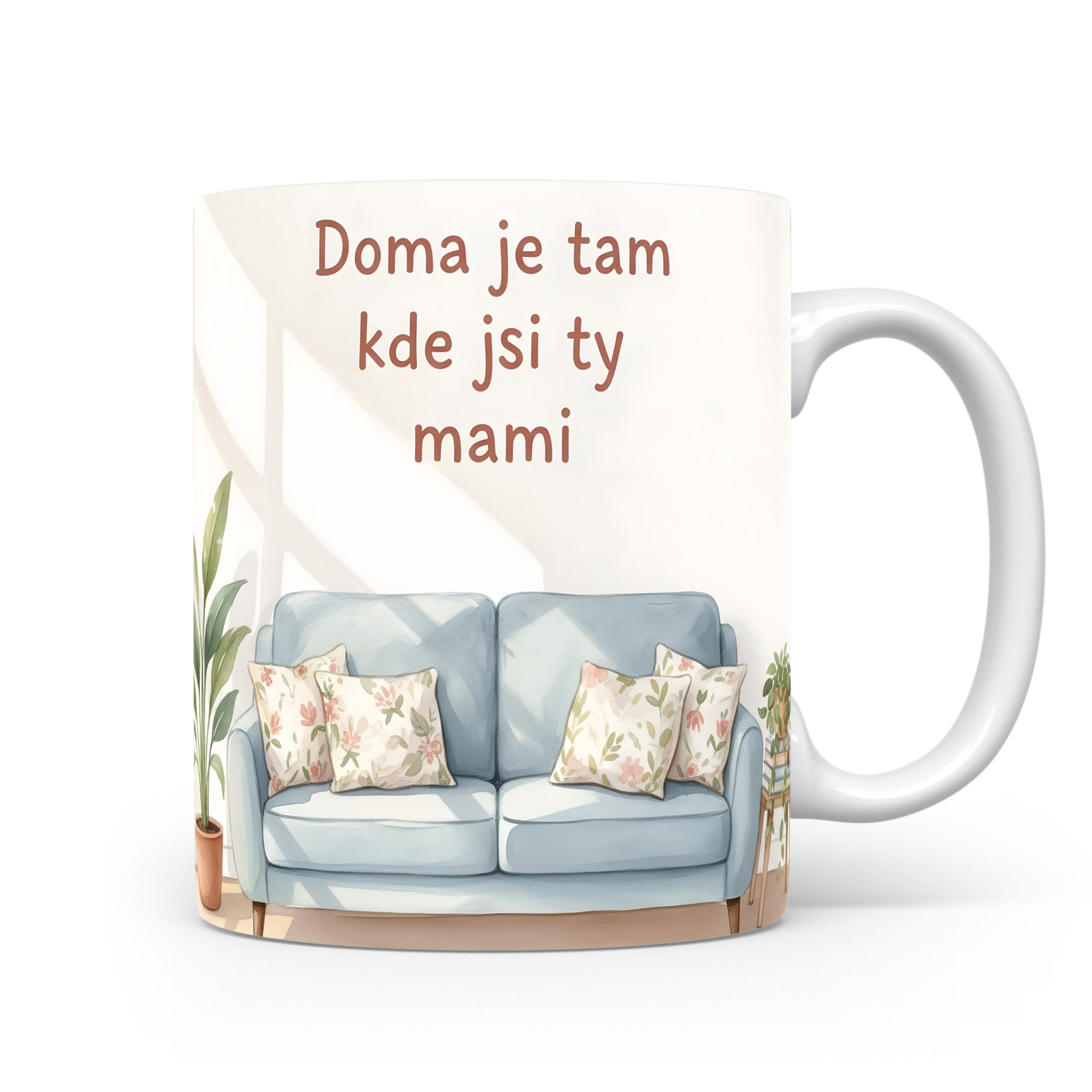 Hrnek Doma je tam kde jsi ty mami – akvarelová pohovka s květinovými polštáři – varianta 11