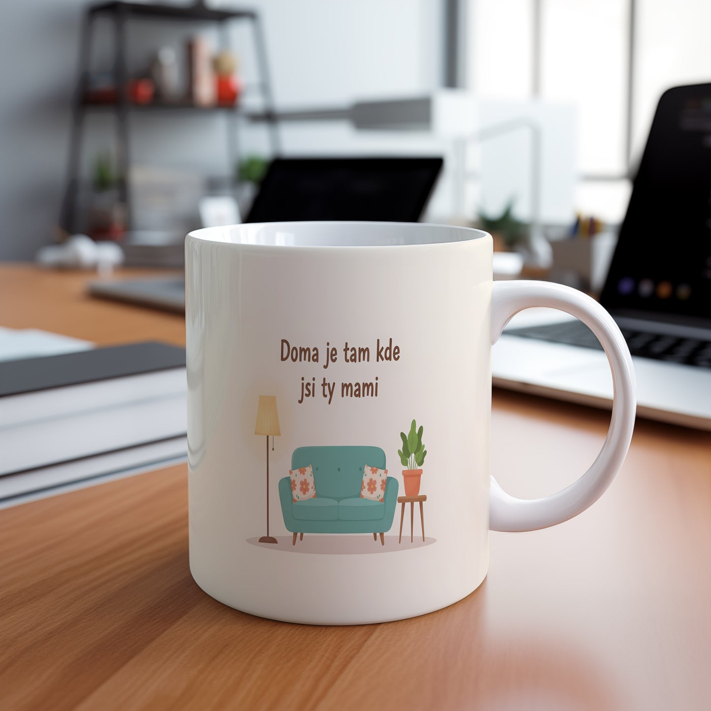 Hrnek Doma je tam kde jsi ty mami – útulná pohovka s květinovými polštáři – varianta 88