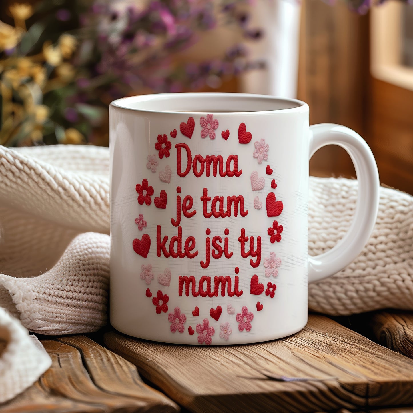 Hrnek Doma je tam kde jsi ty mami – romantická srdíčka a květiny v červené a růžové – varianta 44