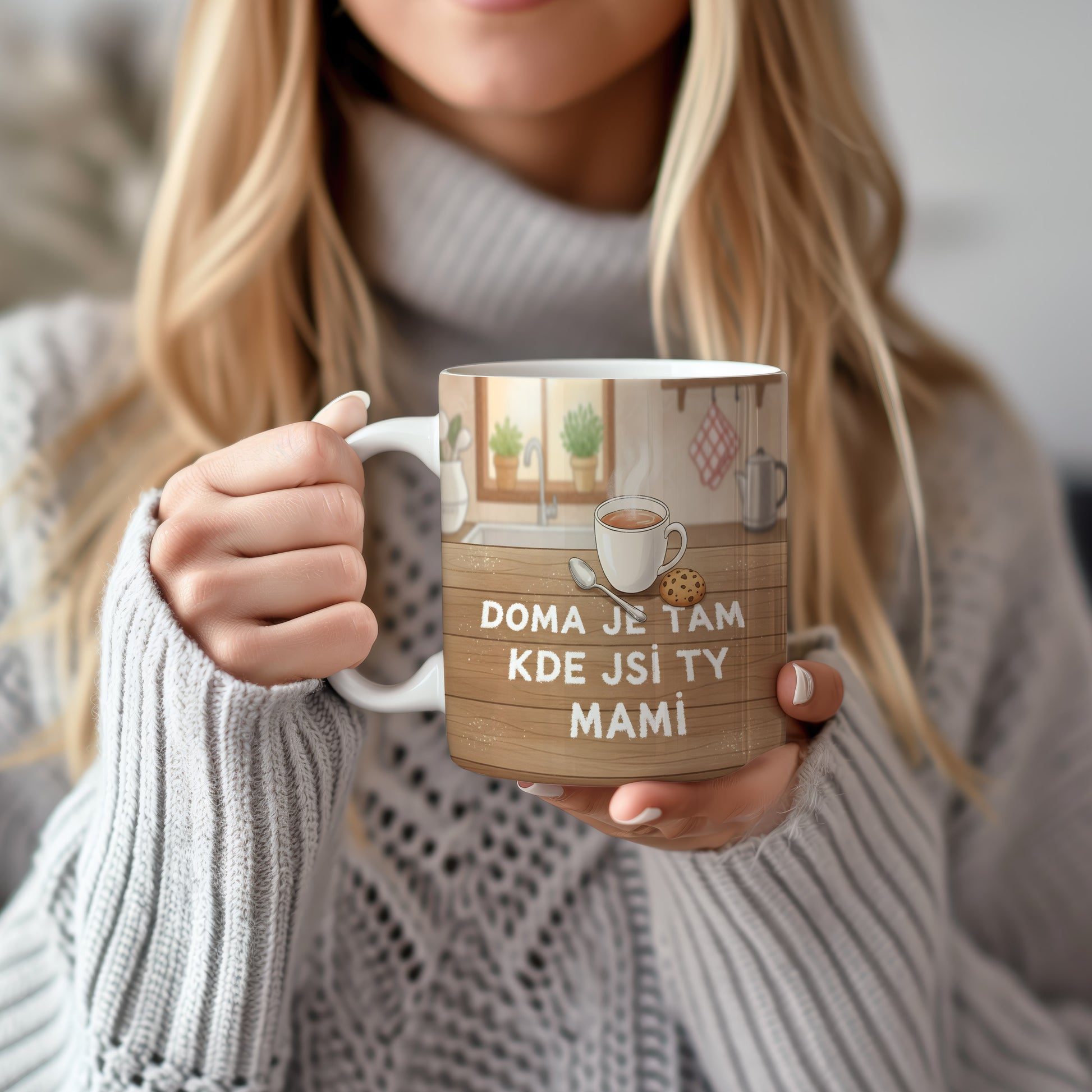 Hrnek Doma je tam kde jsi ty mami – rustikální kuchyňská scenérie s hřejivým nádechem – varianta 22