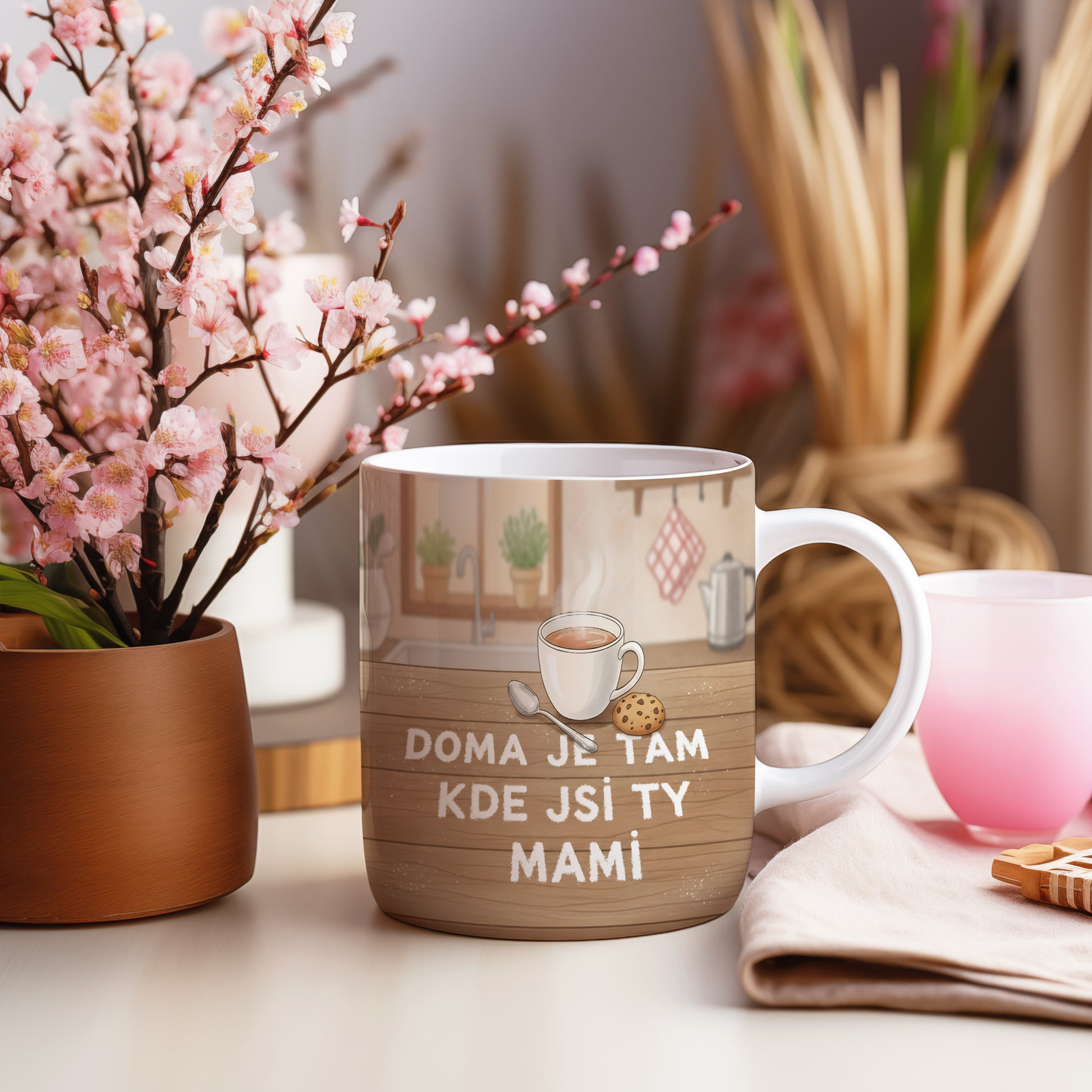 Hrnek Doma je tam kde jsi ty mami – rustikální kuchyňská scenérie s hřejivým nádechem – varianta 55