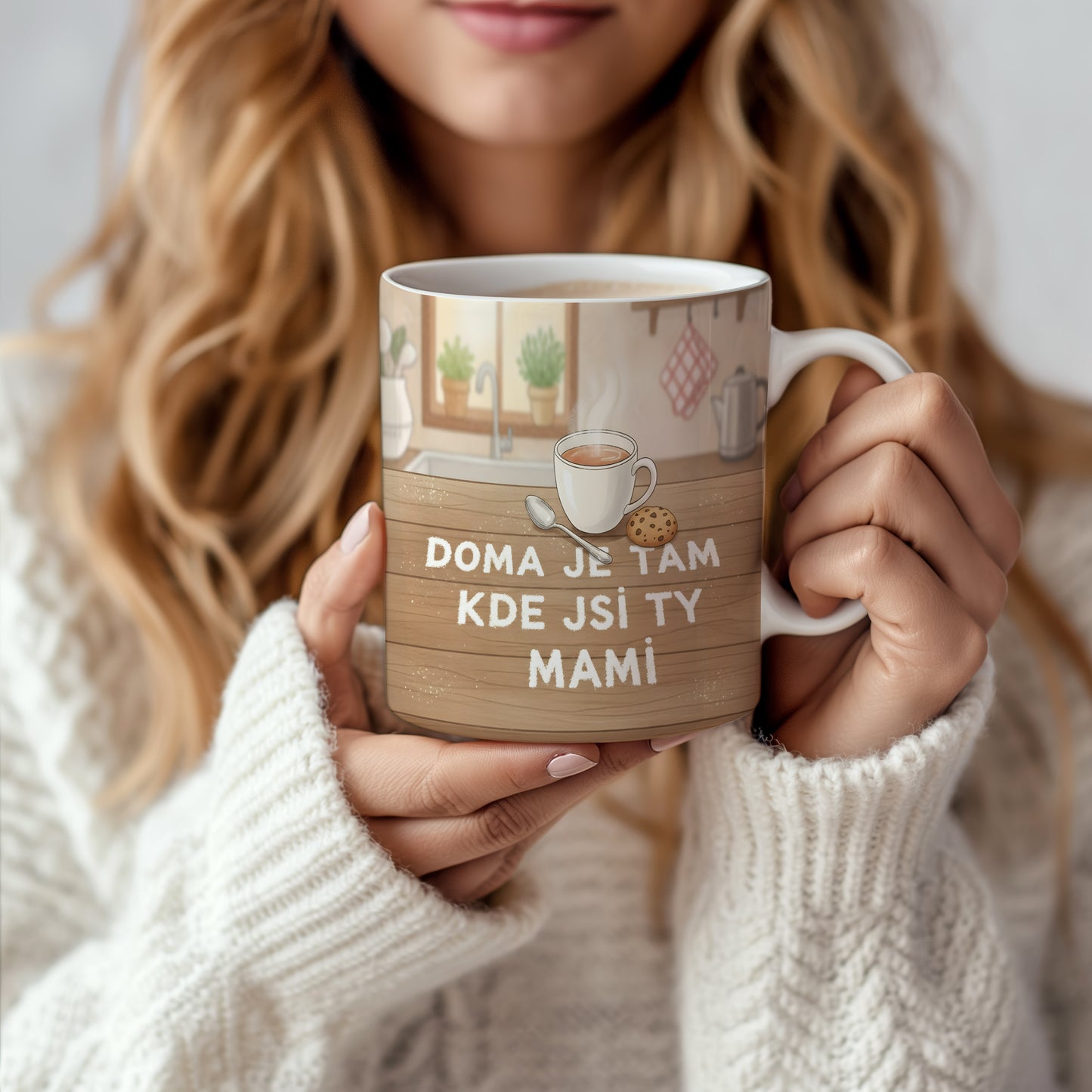 Hrnek Doma je tam kde jsi ty mami – rustikální kuchyňská scenérie s hřejivým nádechem – varianta 66