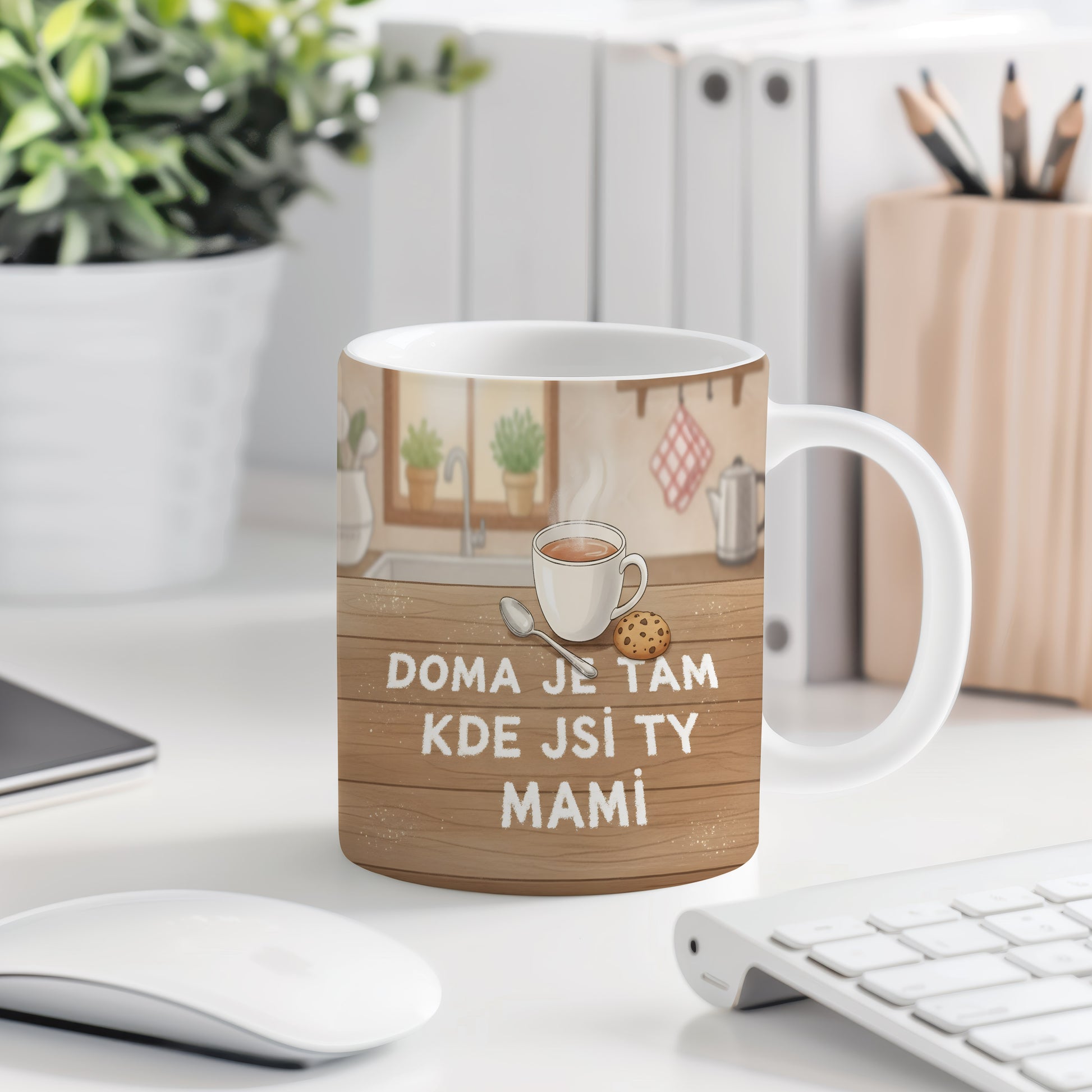 Hrnek Doma je tam kde jsi ty mami – rustikální kuchyňská scenérie s hřejivým nádechem – varianta 77