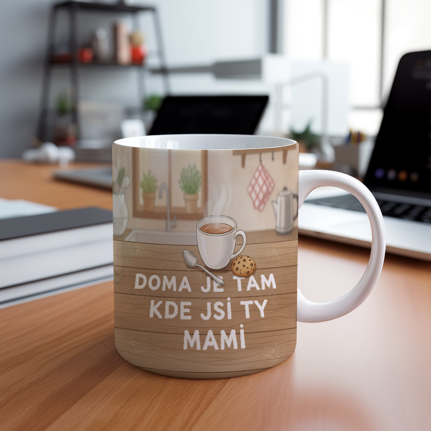 Hrnek Doma je tam kde jsi ty mami – rustikální kuchyňská scenérie s hřejivým nádechem – varianta 88