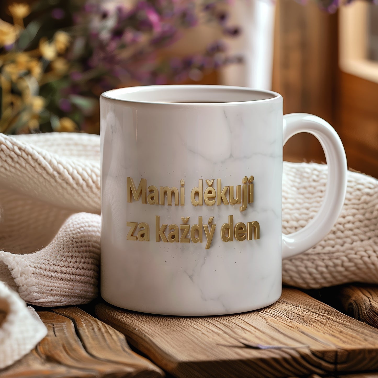 Hrnek Mami děkuji za každý den – zlatá typografie na mramorovém pozadí – varianta 44
