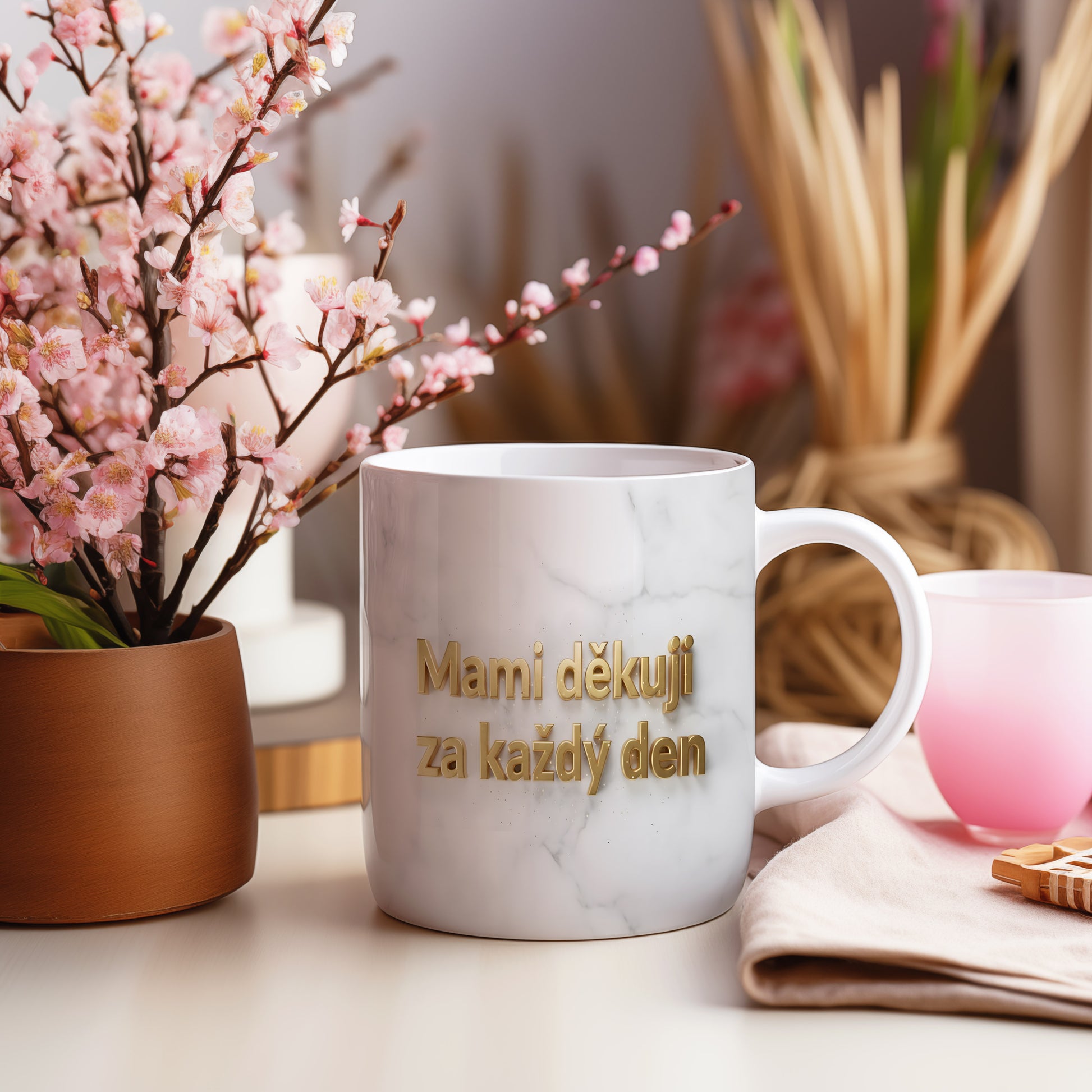 Hrnek Mami děkuji za každý den – zlatá typografie na mramorovém pozadí – varianta 55