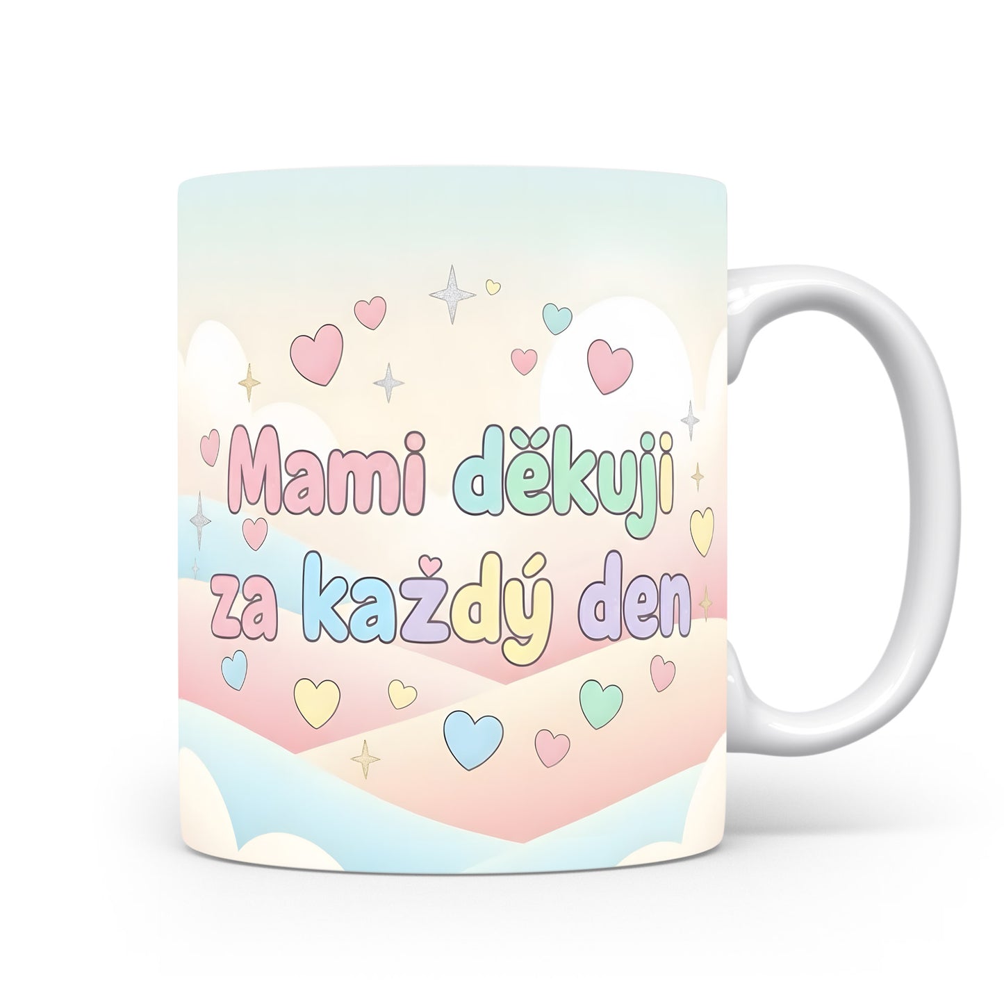 Hrnek Mami děkuji za každý den – pastelová srdíčka a jemné hvězdičky – varianta 11
