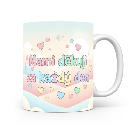 Hrnek Mami děkuji za každý den – pastelová srdíčka a jemné hvězdičky – varianta 11
