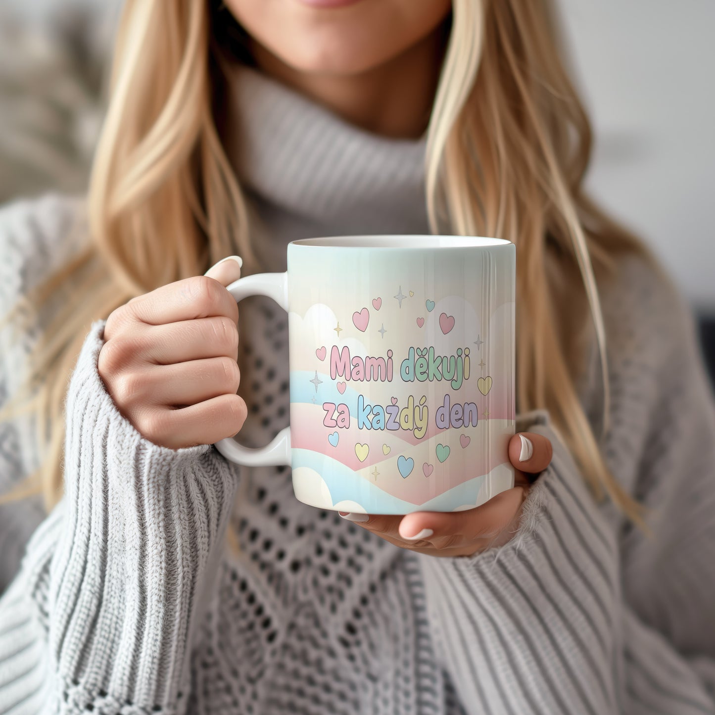 Hrnek Mami děkuji za každý den – pastelová srdíčka a jemné hvězdičky – varianta 22