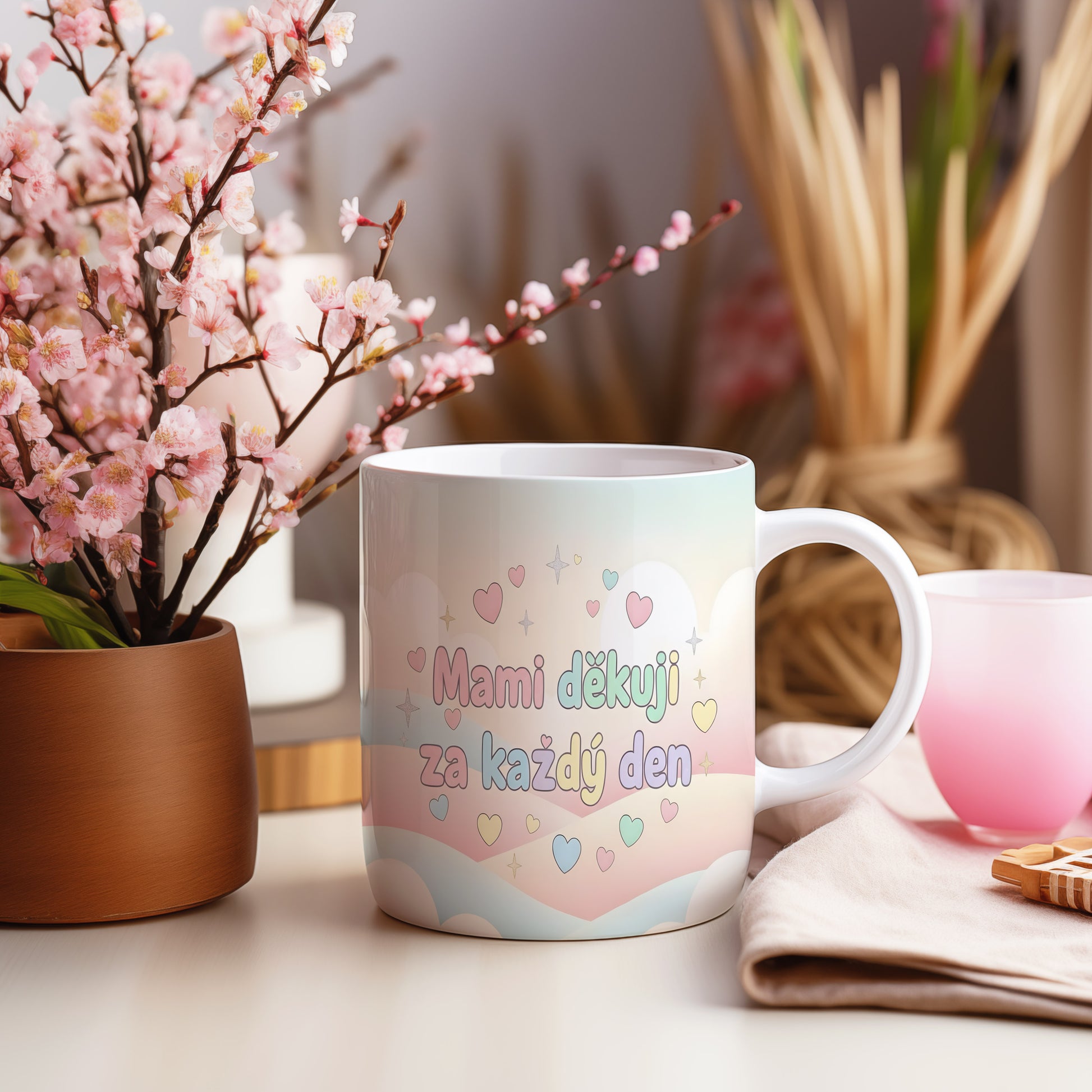 Hrnek Mami děkuji za každý den – pastelová srdíčka a jemné hvězdičky – varianta 55