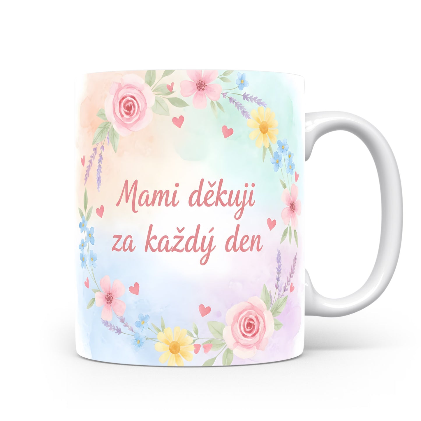 Hrnek Mami děkuji za každý den – květinový věnec na akvarelovém pozadí – varianta 11