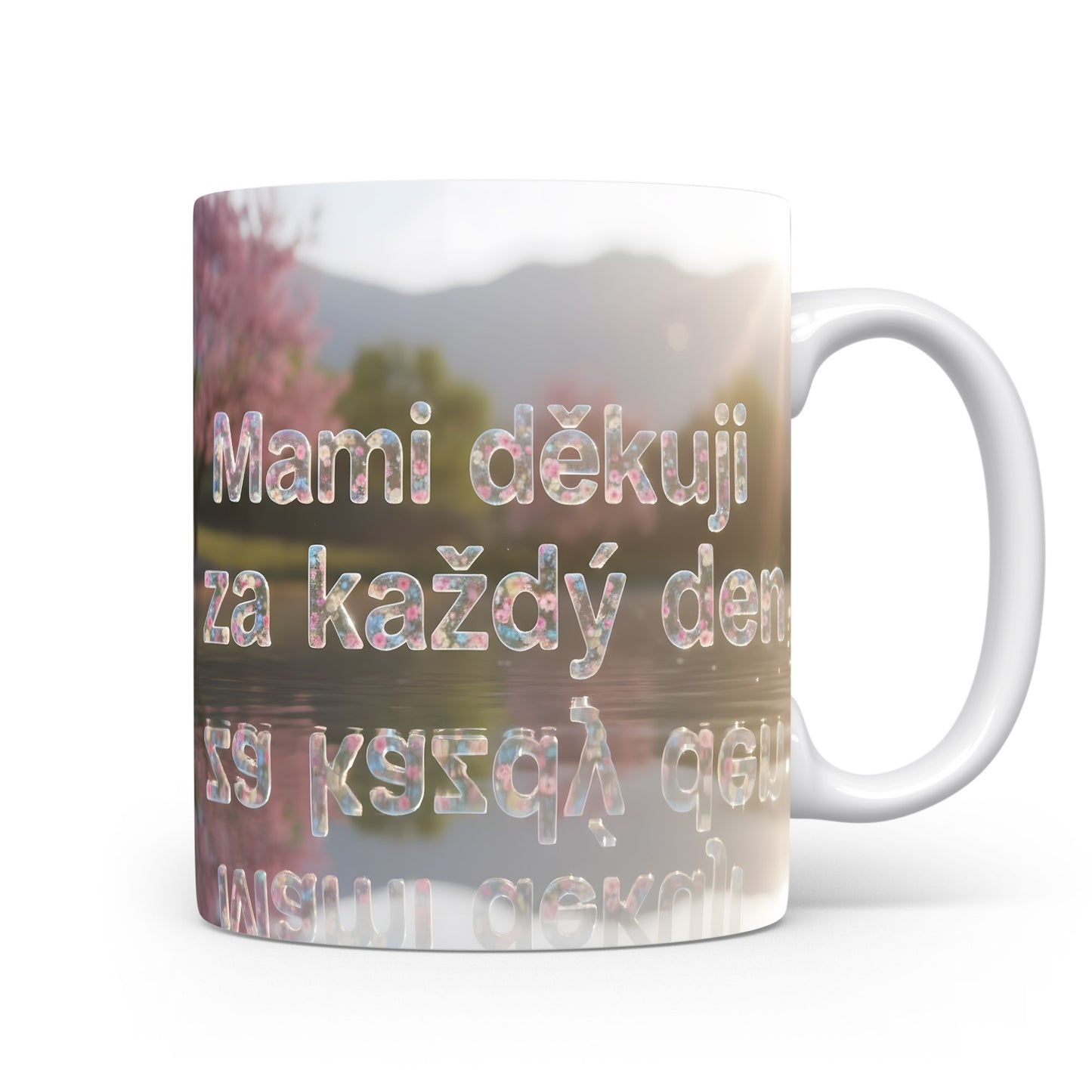 Hrnek Mami děkuji za každý den – květinová krajina s horami – varianta 11