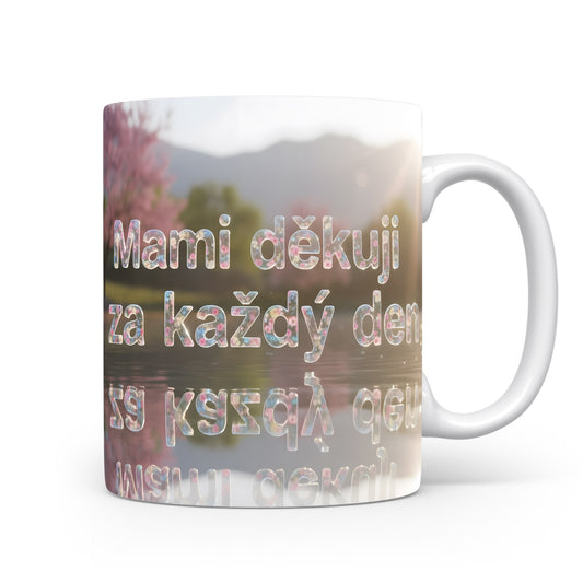 Hrnek Mami děkuji za každý den – květinová krajina s horami – varianta 11