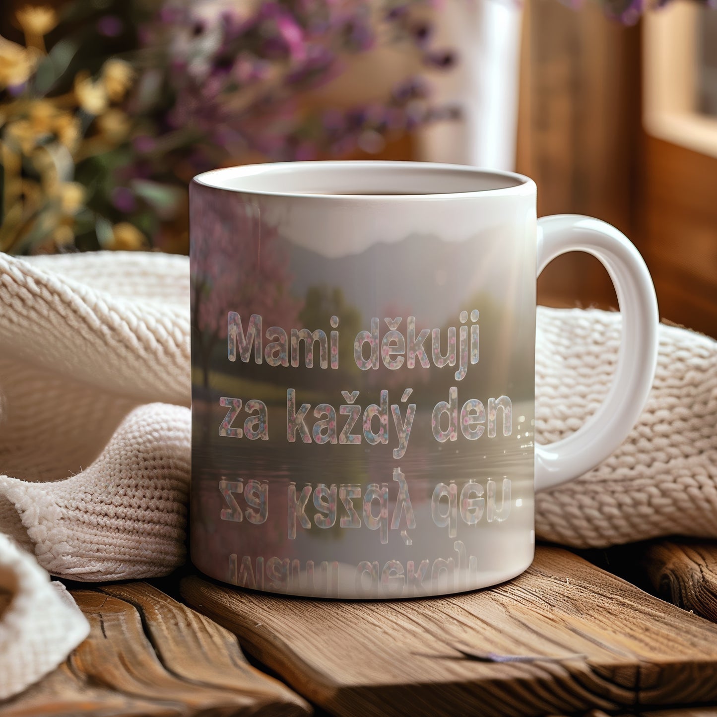 Hrnek Mami děkuji za každý den – květinová krajina s horami – varianta 44