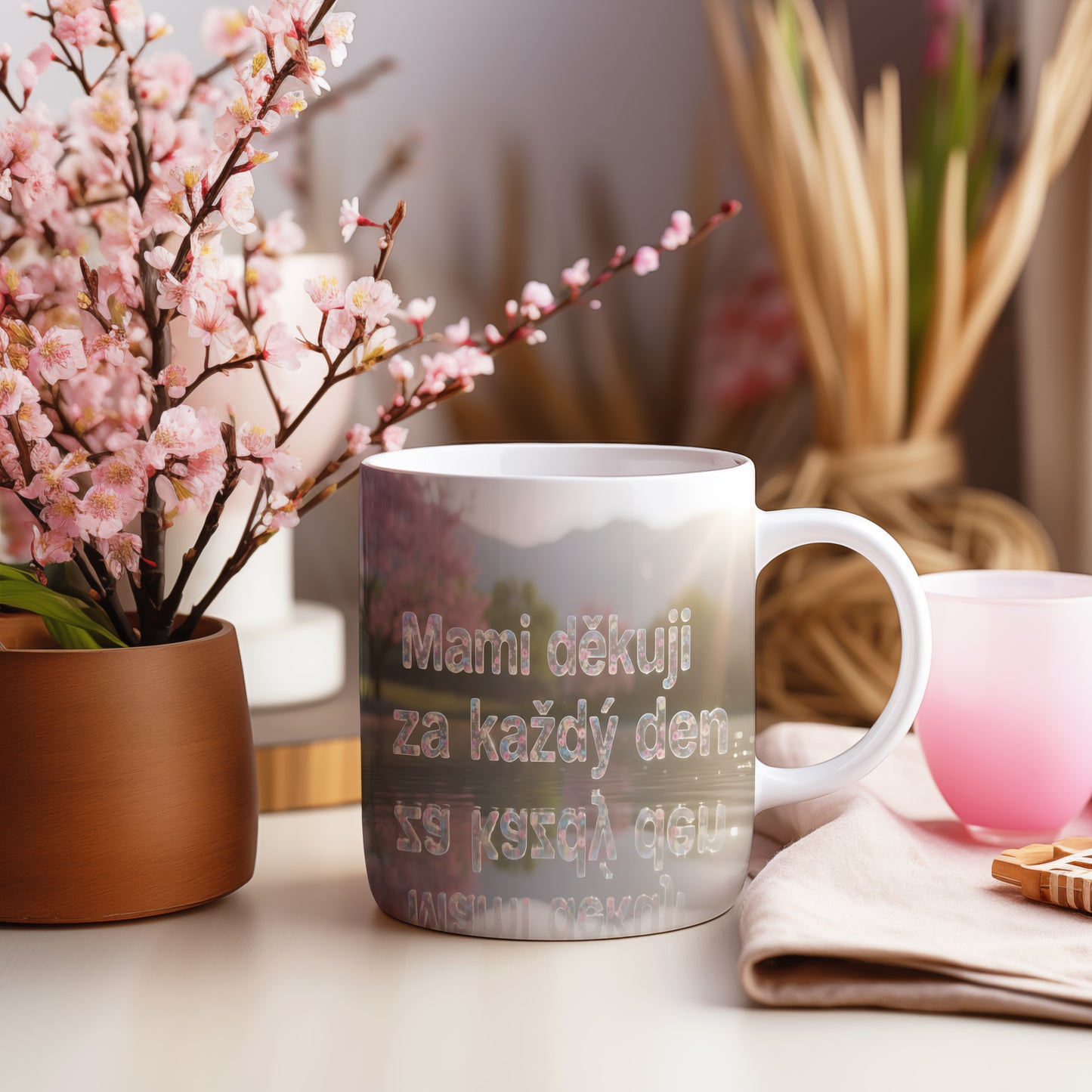 Hrnek Mami děkuji za každý den – květinová krajina s horami – varianta 55
