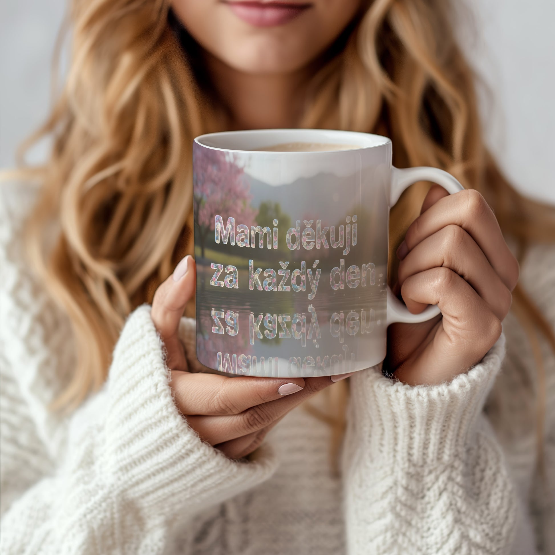 Hrnek Mami děkuji za každý den – květinová krajina s horami – varianta 66