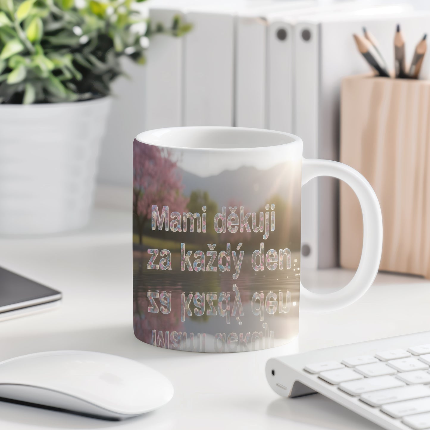 Hrnek Mami děkuji za každý den – květinová krajina s horami – varianta 77