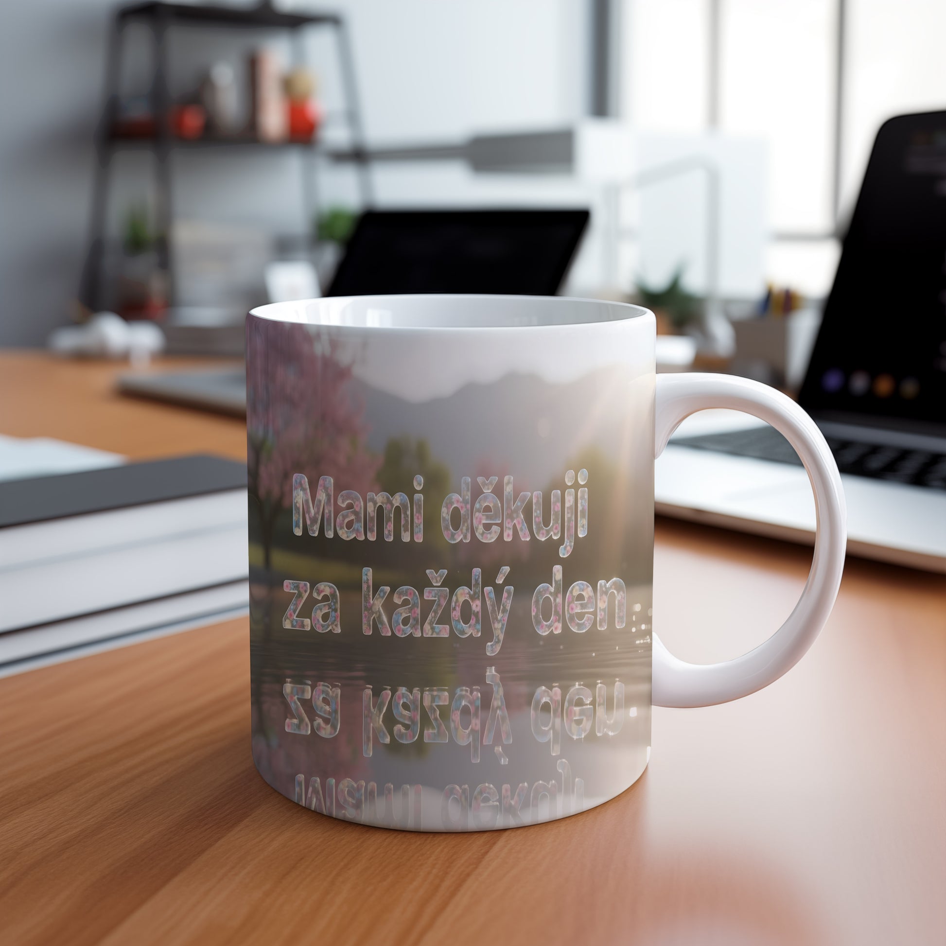 Hrnek Mami děkuji za každý den – květinová krajina s horami – varianta 88