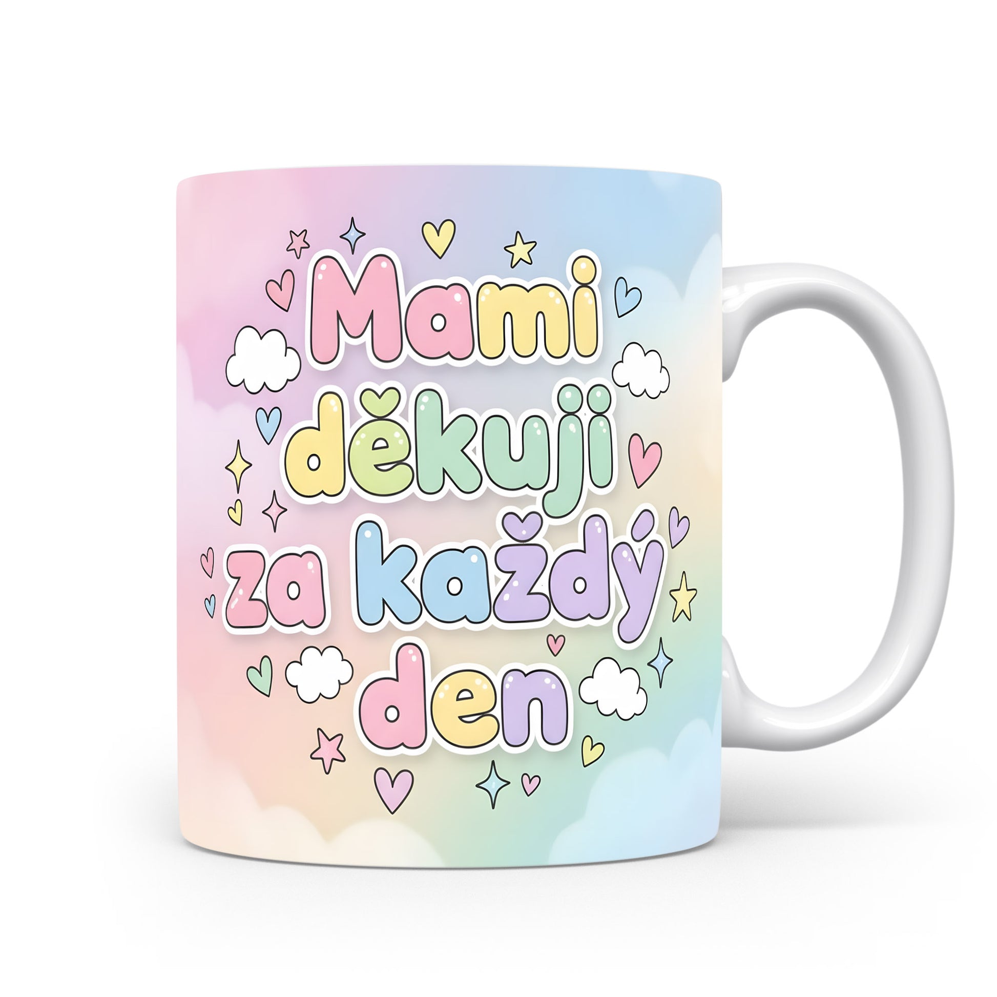 Hrnek Mami děkuji za každý den – pastelová srdíčka a obláčky na jemném gradientu – varianta 11