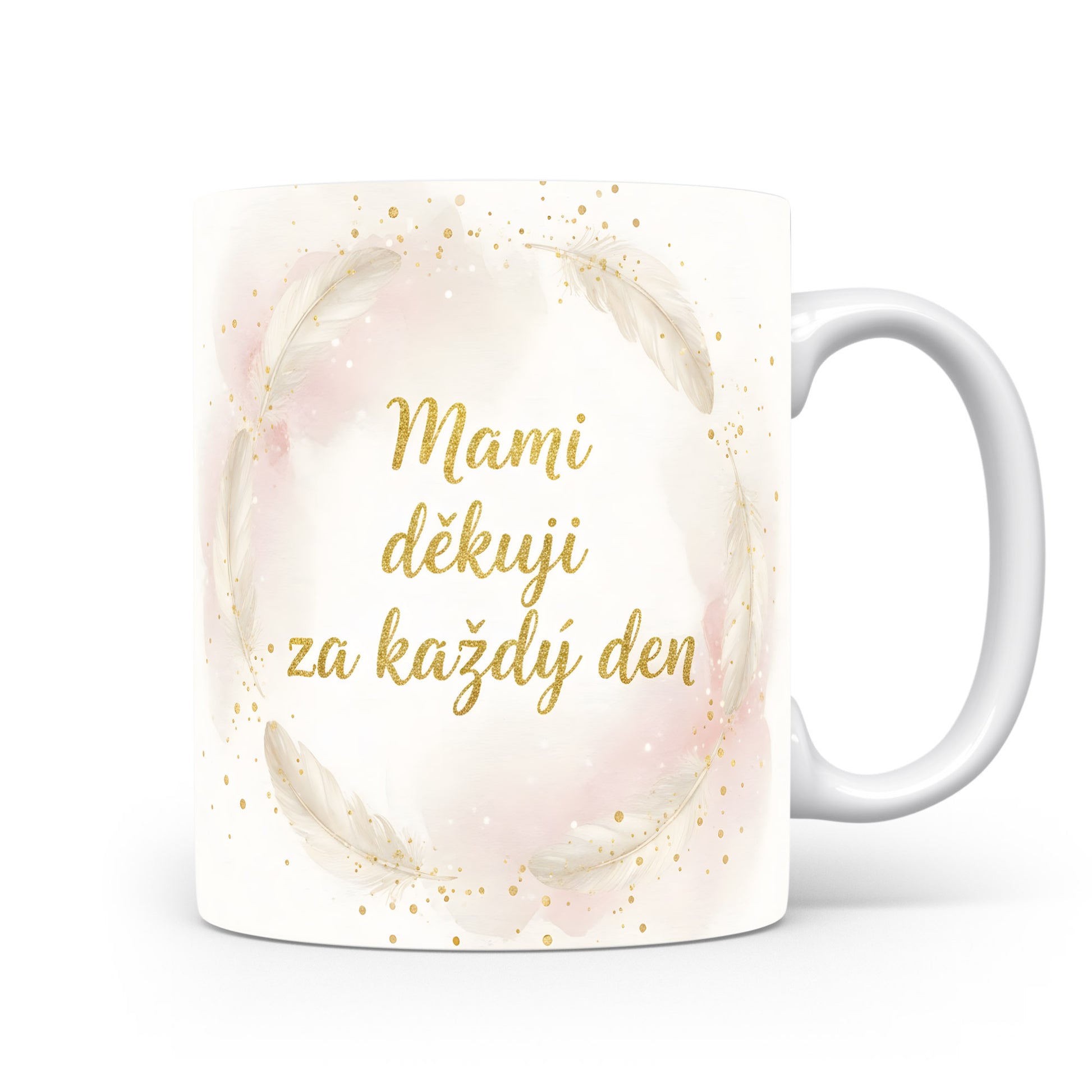 Hrnek Mami děkuji za každý den – jemná pírka na akvarelovém pozadí – varianta 11