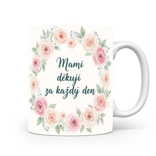 Hrnek Mami děkuji za každý den – romantický květinový věnec v pastelových tónech – varianta 11