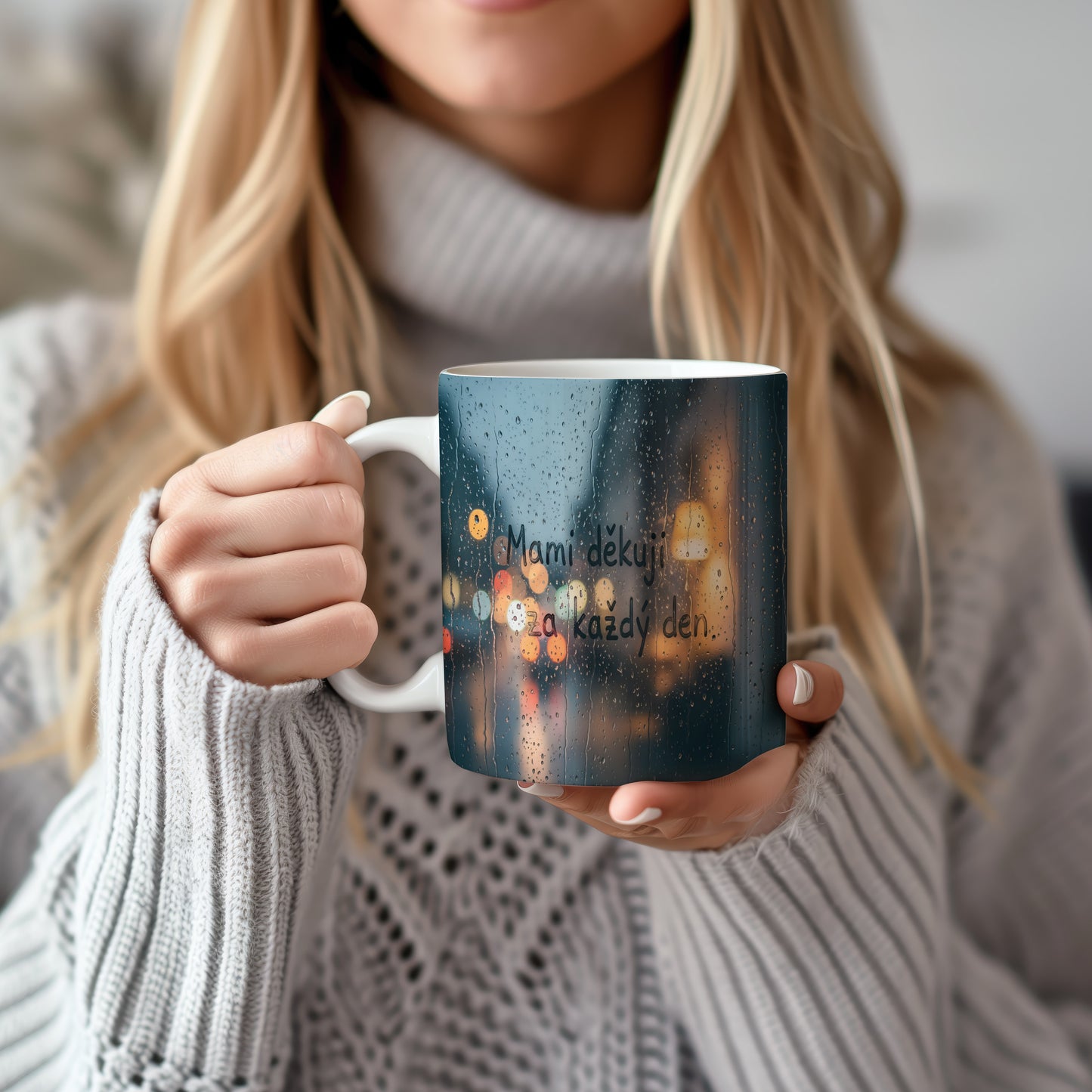 Hrnek Mami děkuji za každý den – rozmazaná světla města na deštivém pozadí – varianta 22