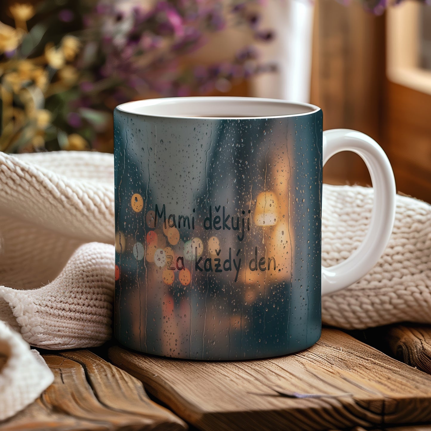Hrnek Mami děkuji za každý den – rozmazaná světla města na deštivém pozadí – varianta 44