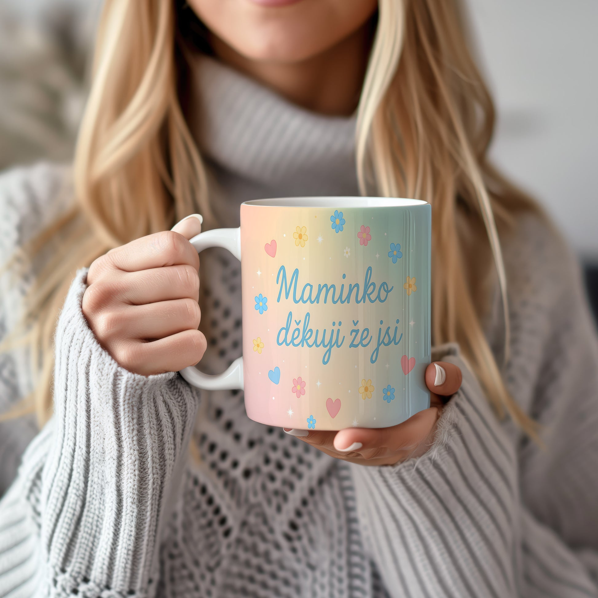 Hrnek Maminko děkuji že jsi – pastelové květiny a srdce na jemném gradientu – varianta 22