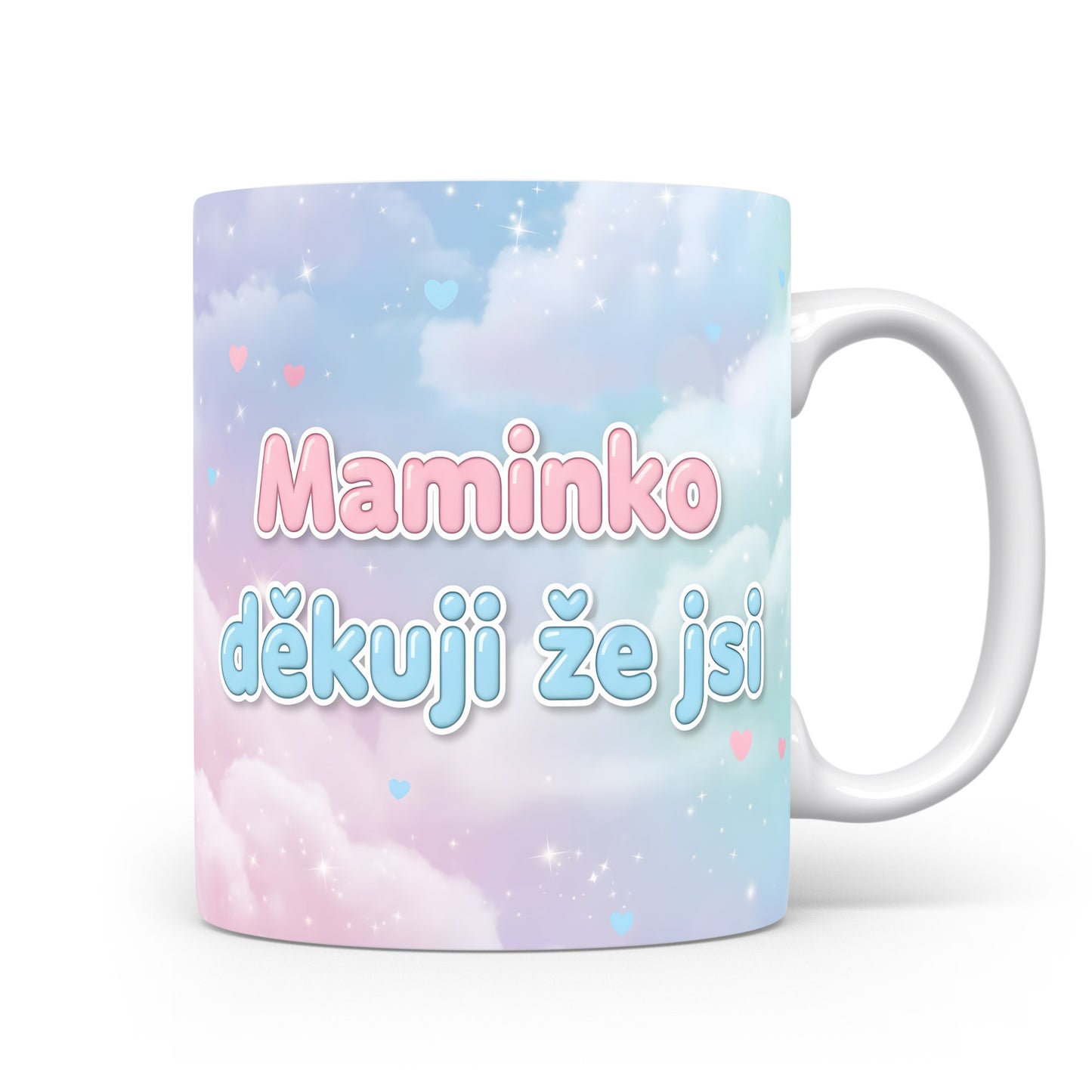 Hrnek Maminko děkuji že jsi – pastelové mraky a jemná srdíčka – varianta 11