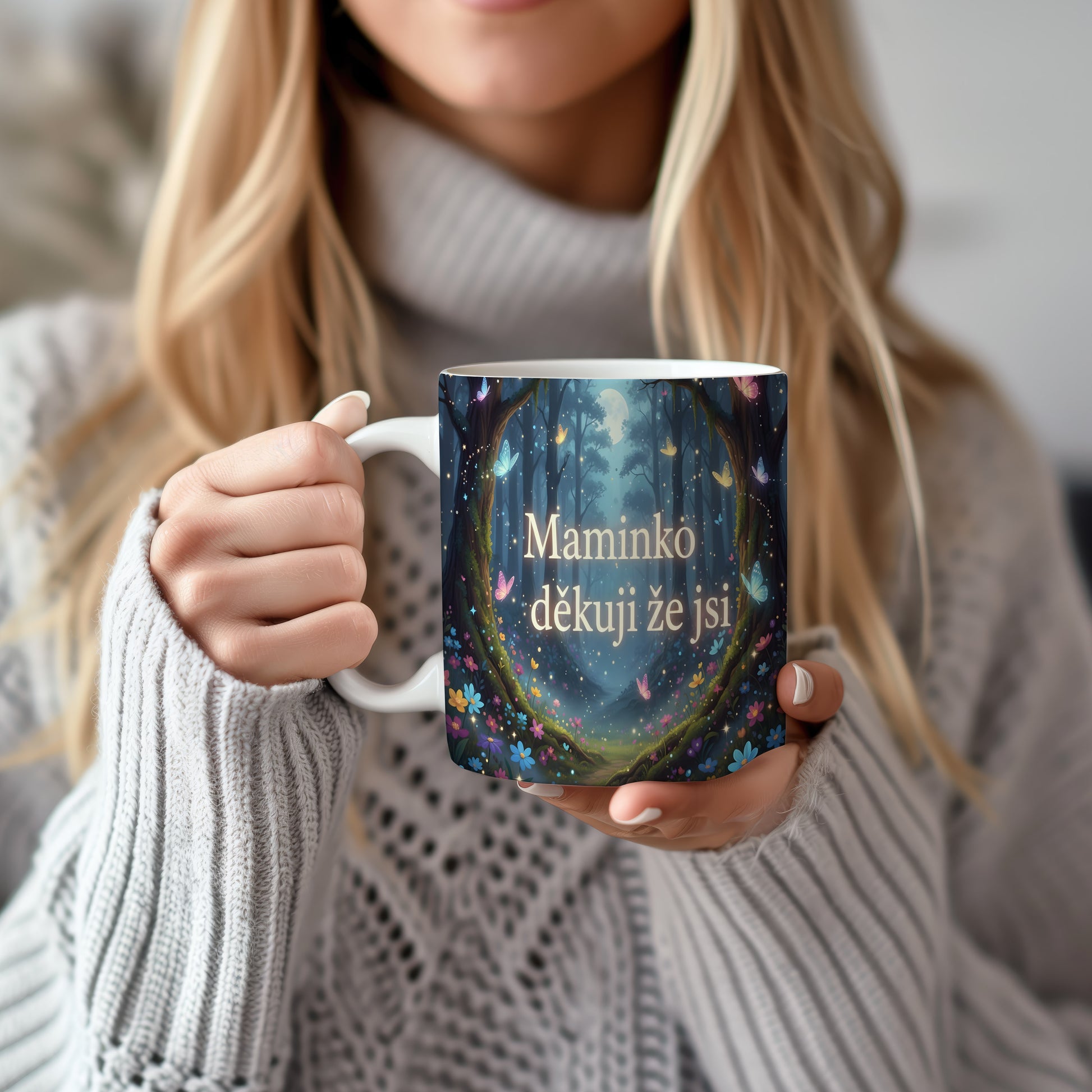 Hrnek Maminko děkuji že jsi – pohádková krajina s motýly a květinami pod měsíčním svitem – varianta 22