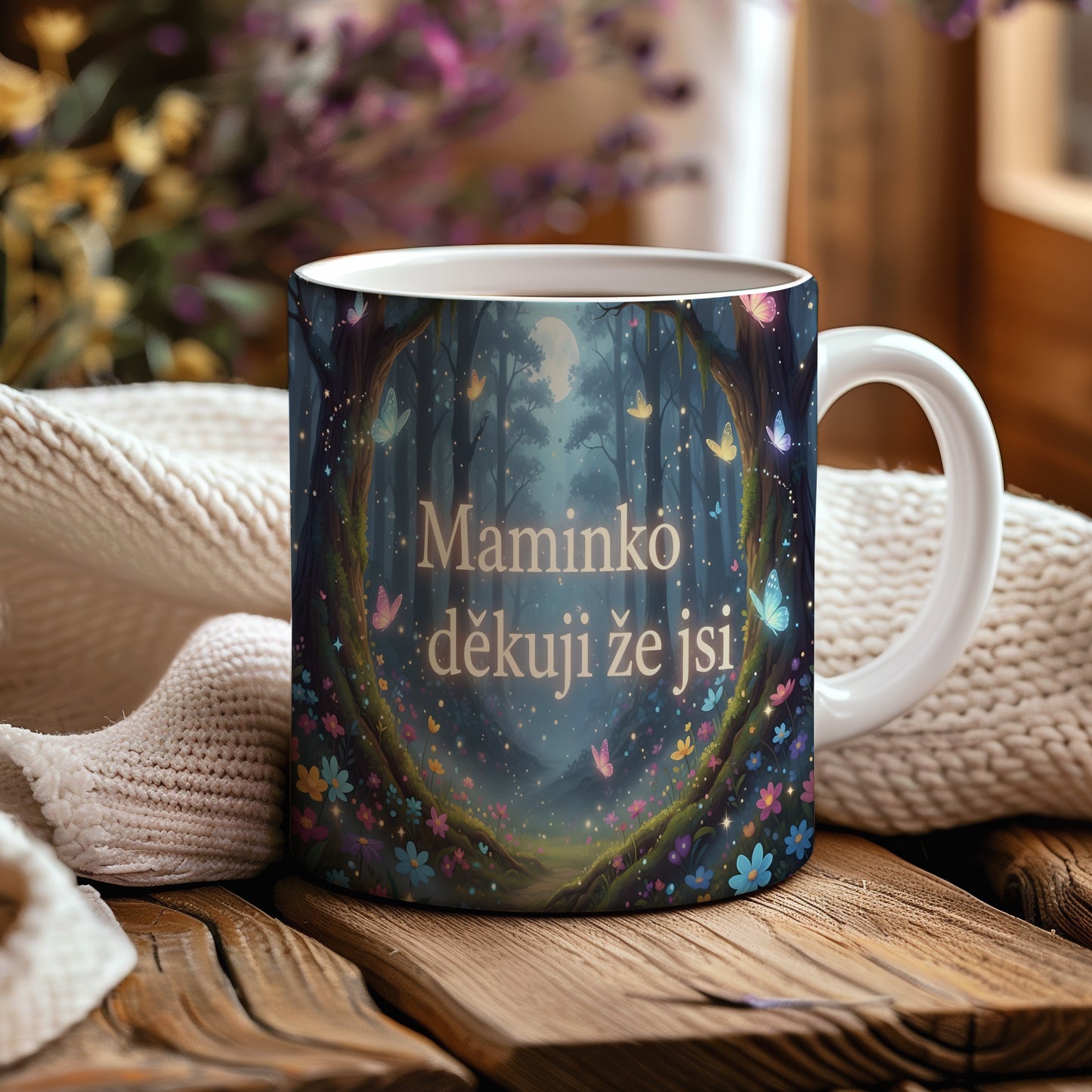 Hrnek Maminko děkuji že jsi – pohádková krajina s motýly a květinami pod měsíčním svitem – varianta 44