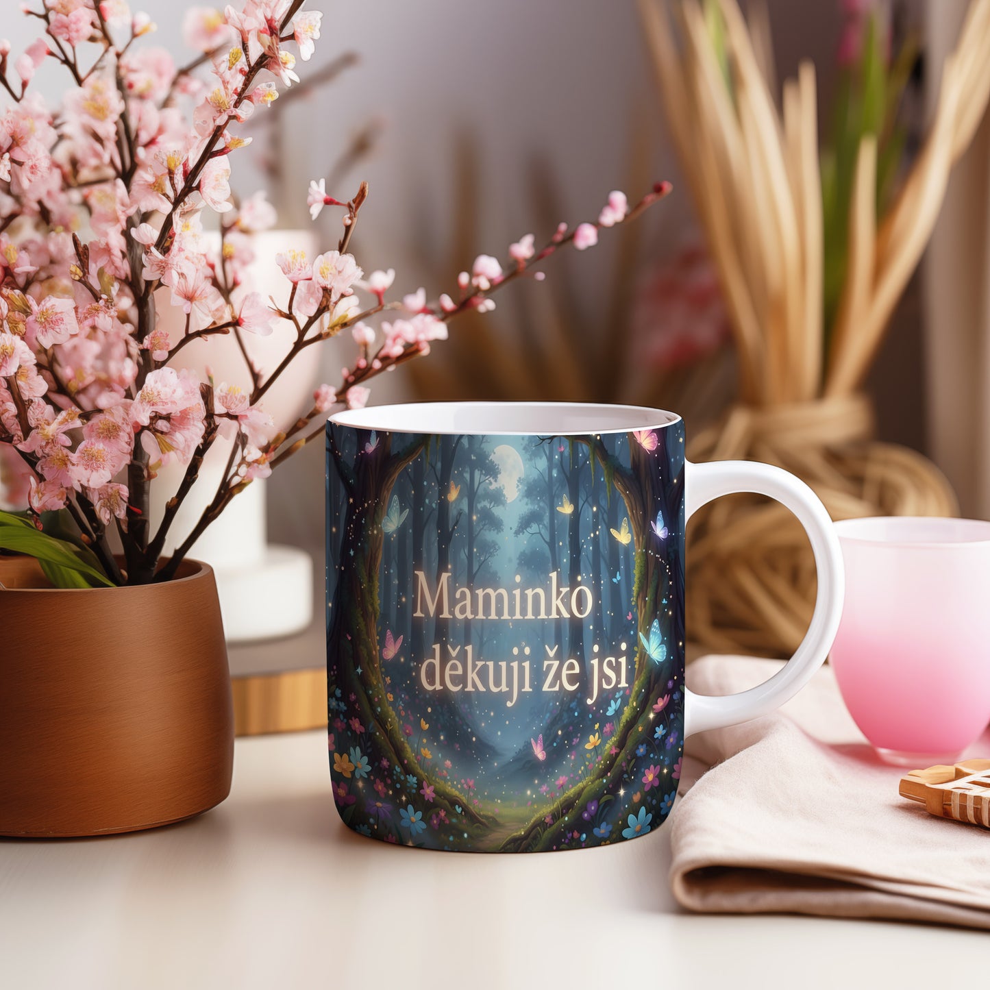 Hrnek Maminko děkuji že jsi – pohádková krajina s motýly a květinami pod měsíčním svitem – varianta 55