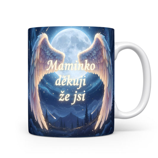 Hrnek Maminko děkuji že jsi – andělská křídla pod zářivým měsícem – varianta 11