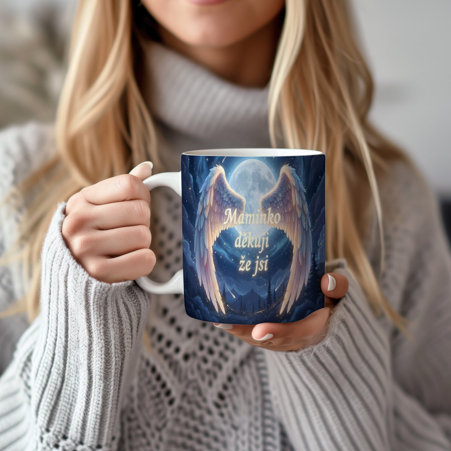 Hrnek Maminko děkuji že jsi – andělská křídla pod zářivým měsícem – varianta 22