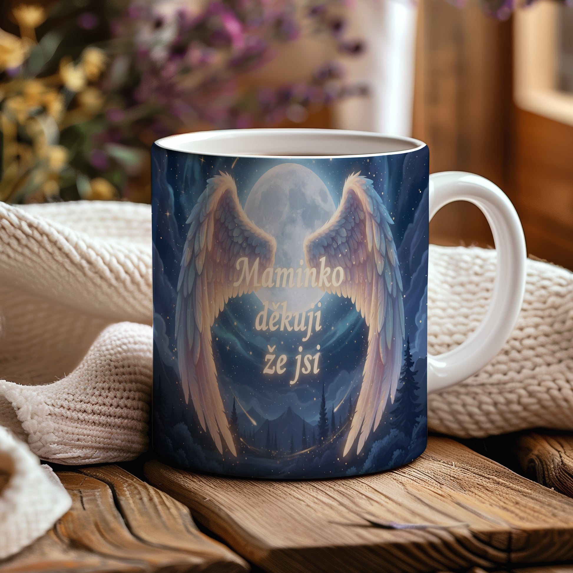 Hrnek Maminko děkuji že jsi – andělská křídla pod zářivým měsícem – varianta 44