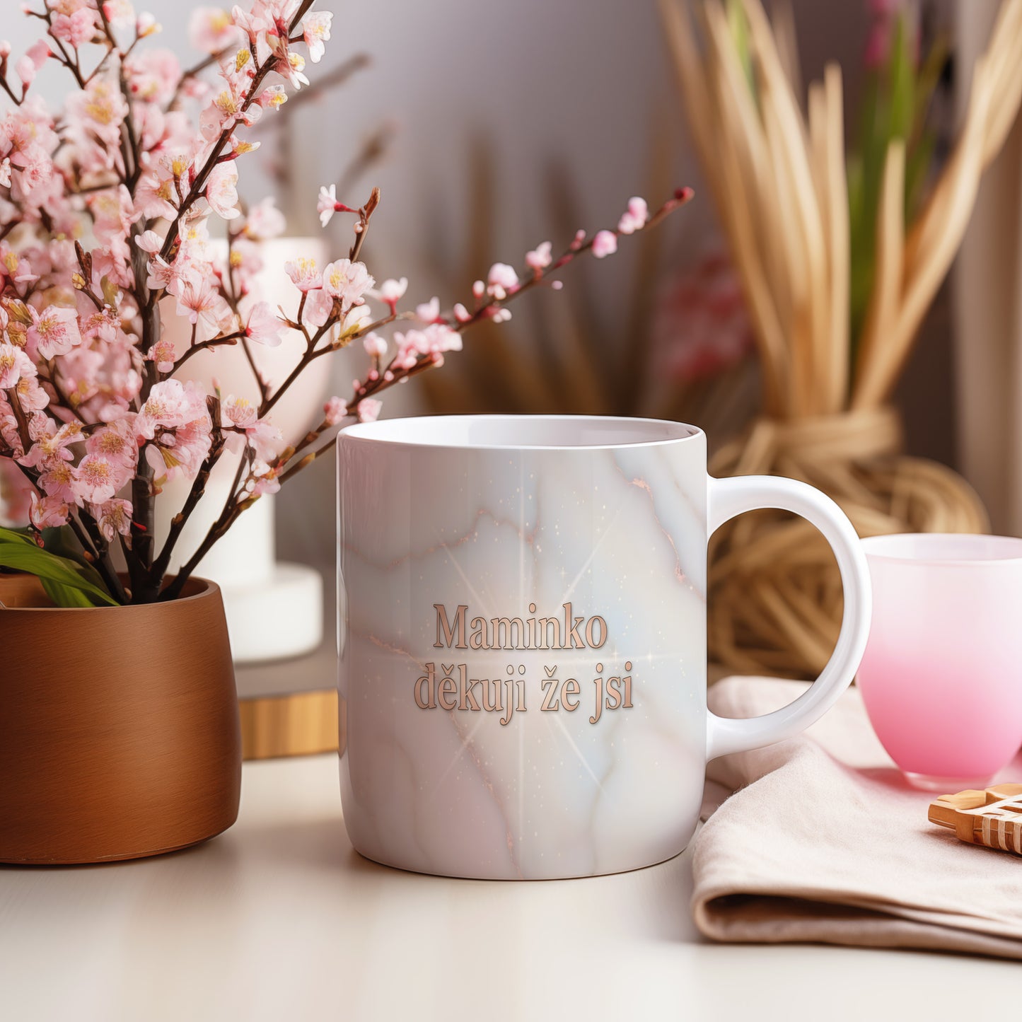 Hrnek Maminko děkuji že jsi – mramorová elegance s jemnými třpytkami – varianta 55