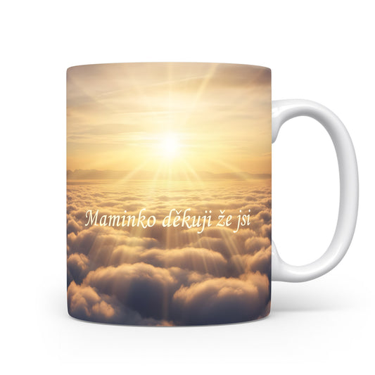 Hrnek Maminko děkuji že jsi – zlatavé paprsky nad oblaky – varianta 11