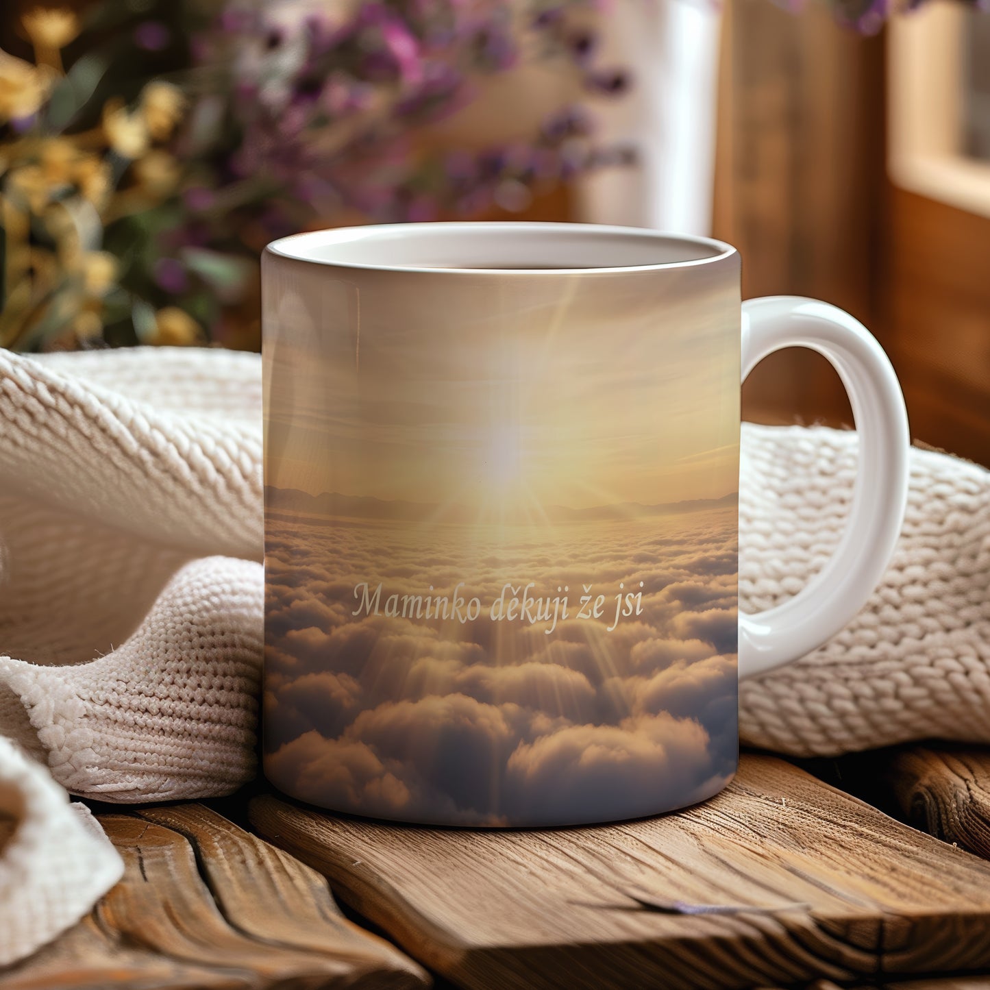 Hrnek Maminko děkuji že jsi – zlatavé paprsky nad oblaky – varianta 44