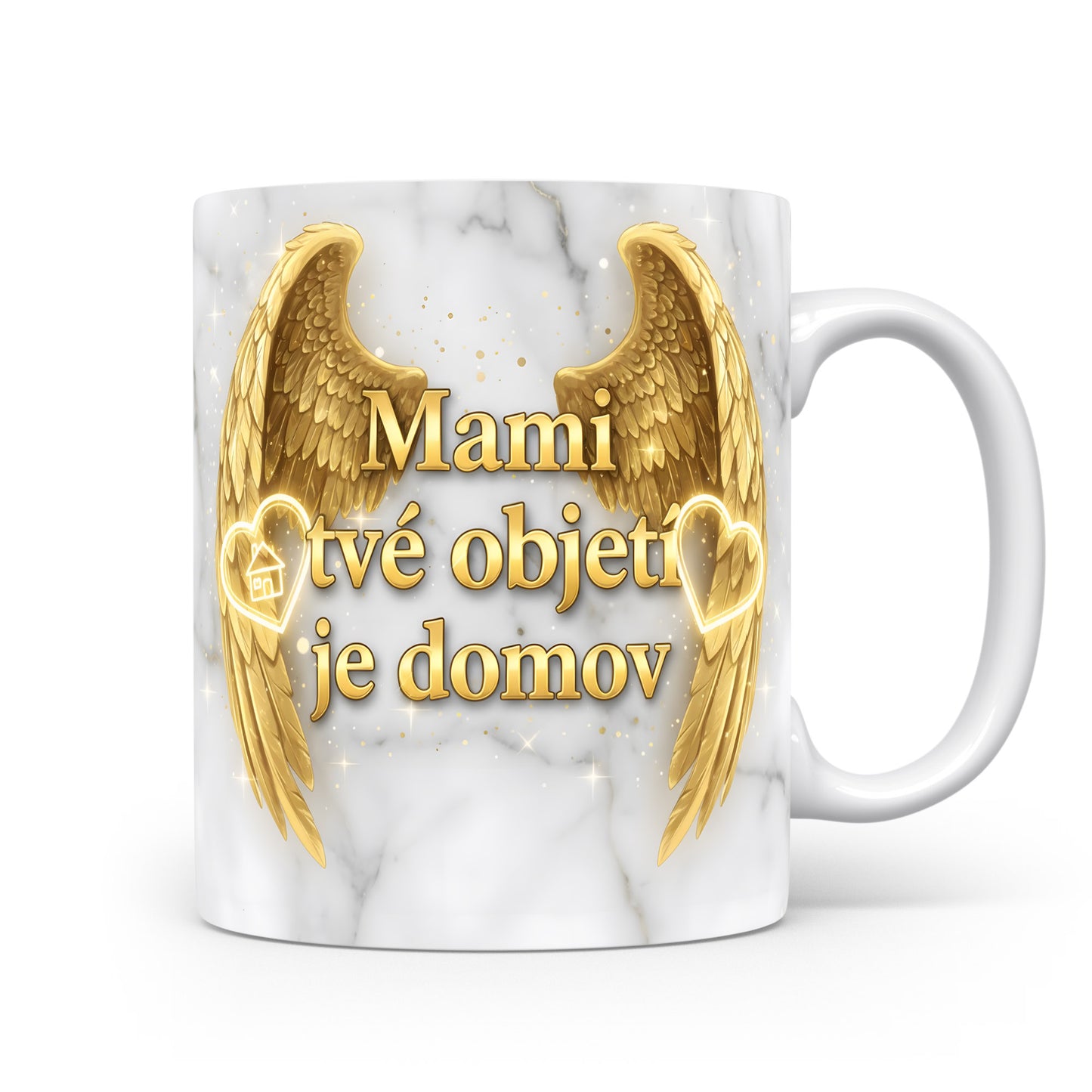 Hrnek Mami tvé objetí je domov – zlatá křídla na mramorovém pozadí – varianta 11