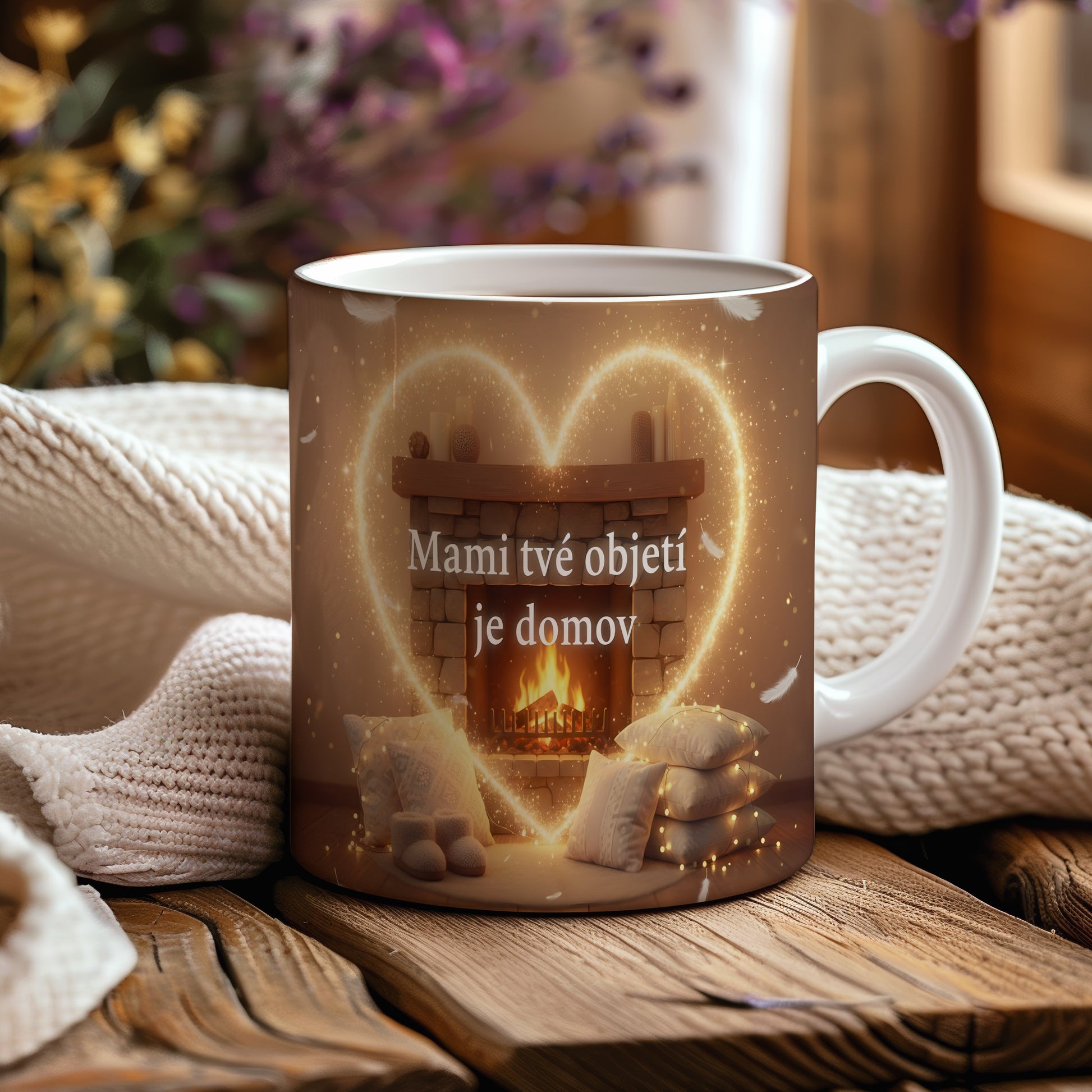 Hrnek Mami tvé objetí je domov – zlaté srdce na kamenném krbu – varianta 44