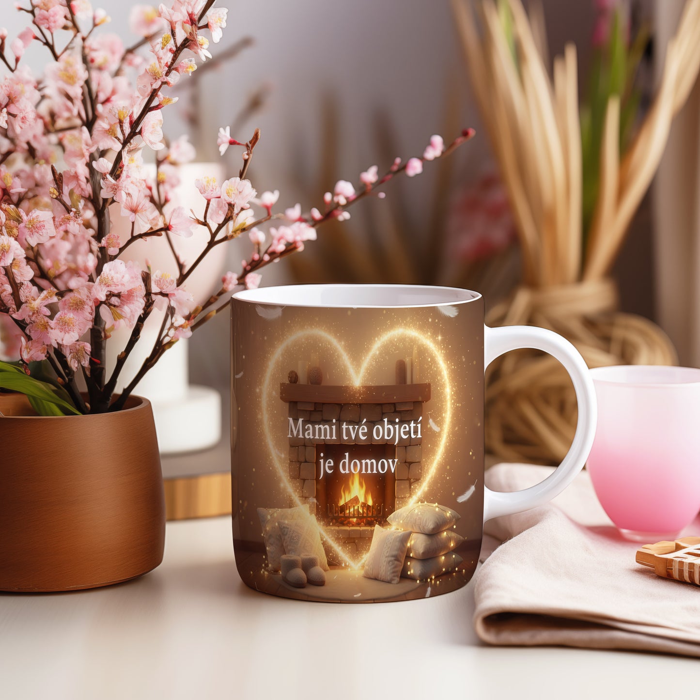 Hrnek Mami tvé objetí je domov – zlaté srdce na kamenném krbu – varianta 55