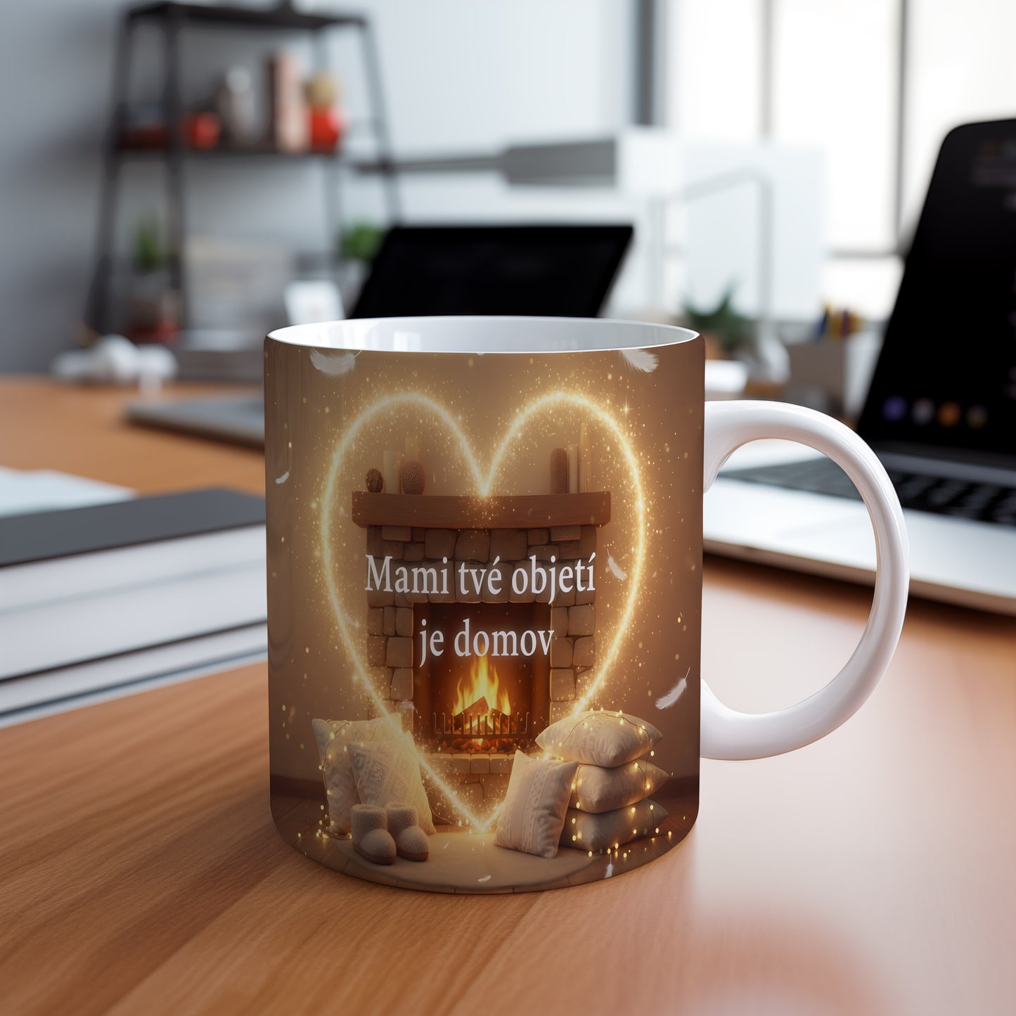 Hrnek Mami tvé objetí je domov – zlaté srdce na kamenném krbu – varianta 88